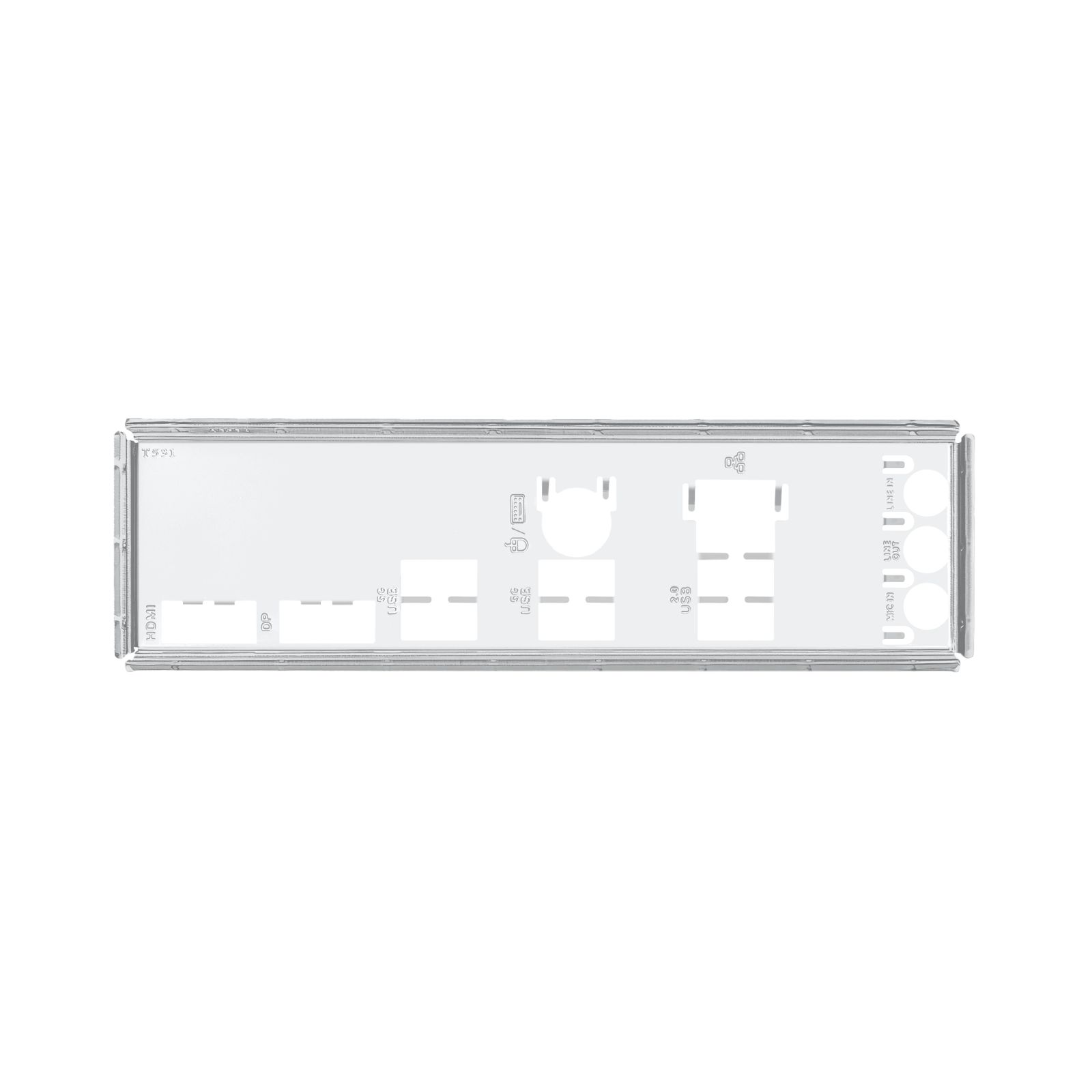 Pannello posteriore bianco della scheda madre. Include HDMI, DP, porte USB, jack audio e slot di connessione etichettati.