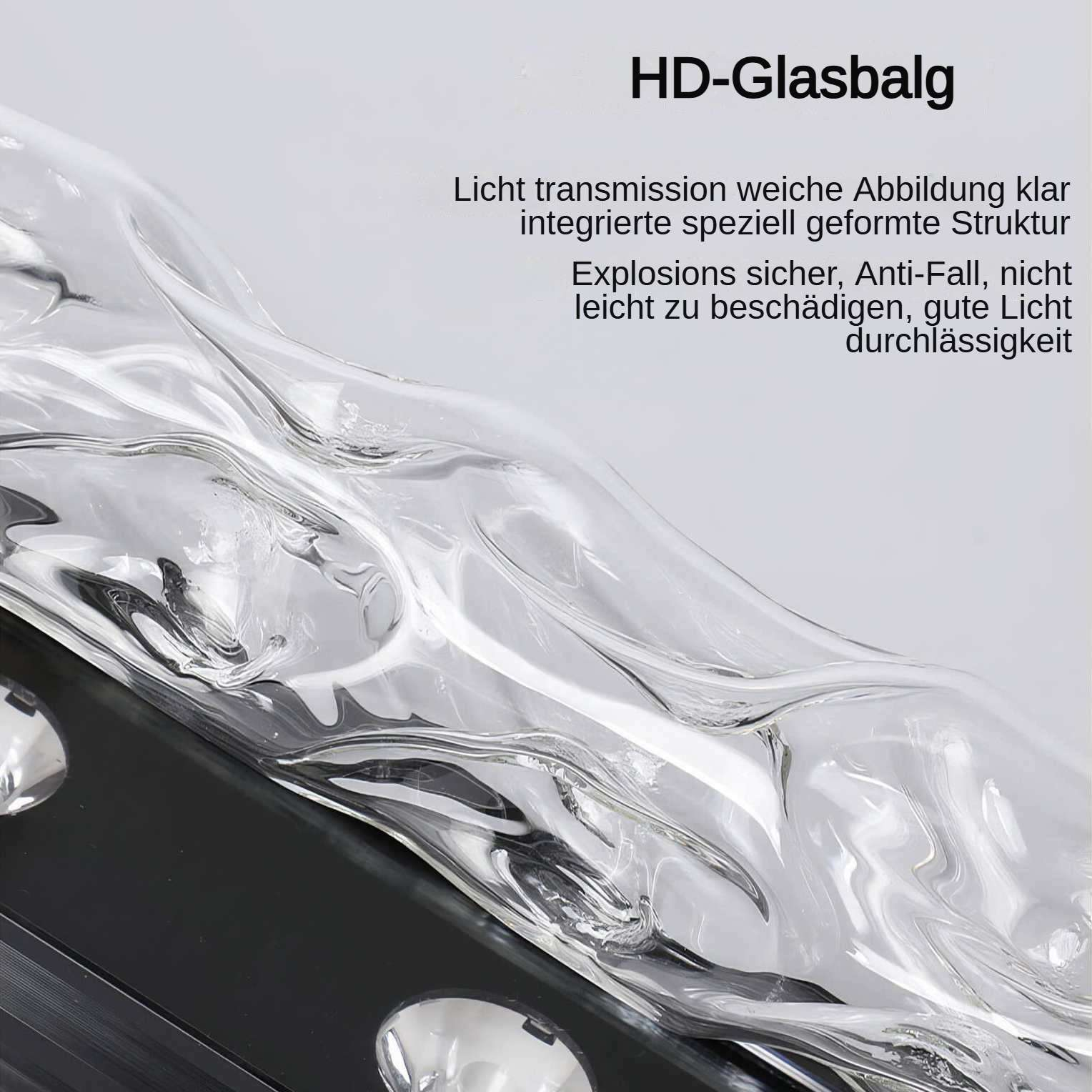 Nahaufnahme einer durchsichtigen Glasstruktur mit Lichtreflexen. Schwarze Basis unten. Text auf Deutsch: HD-Glasbalg.