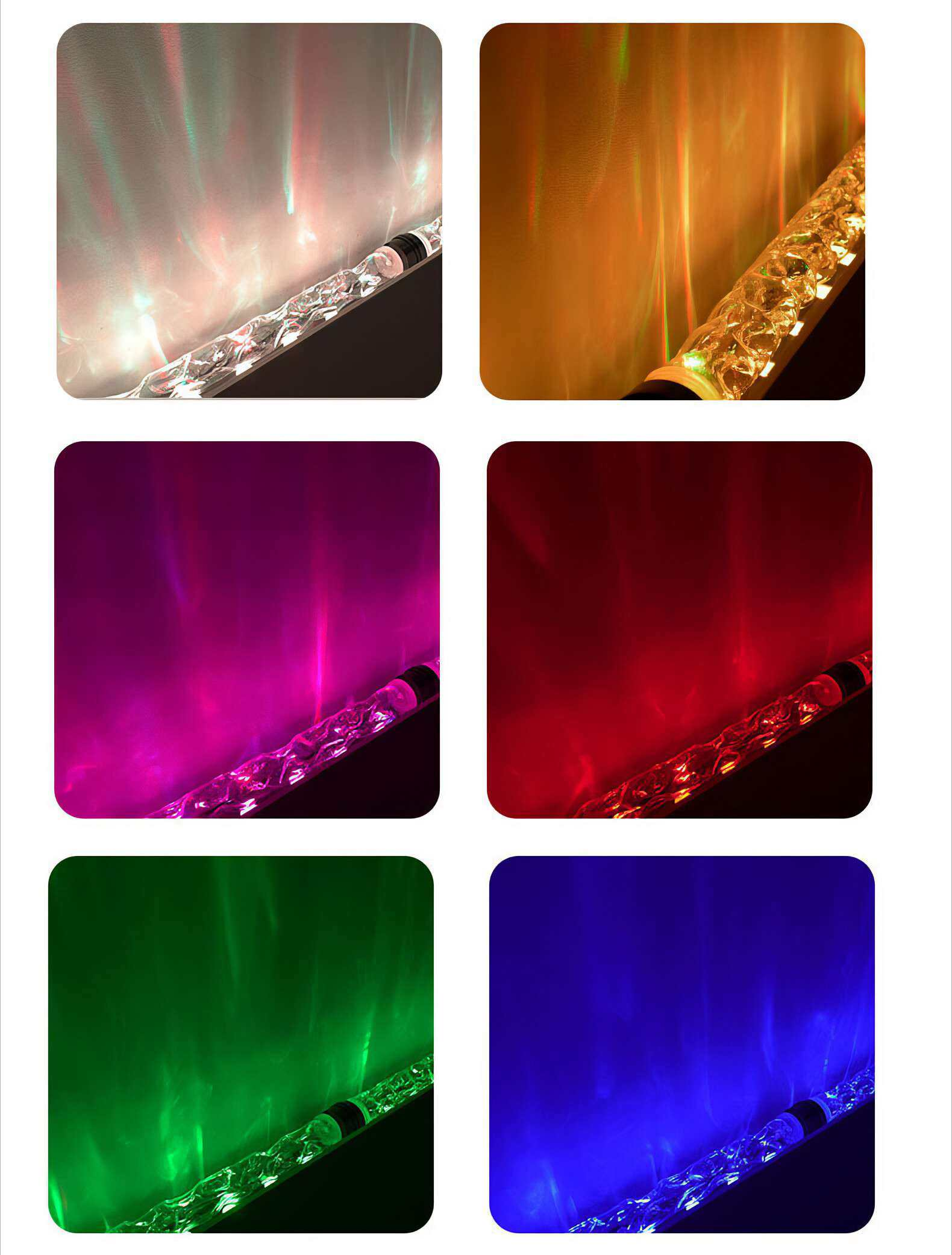 Sechs Tafeln zeigen ein Glasrohr, das farbenfrohe Lichter reflektiert. Farben sind Grün, Blau, Rot, Rosa und Gelb.