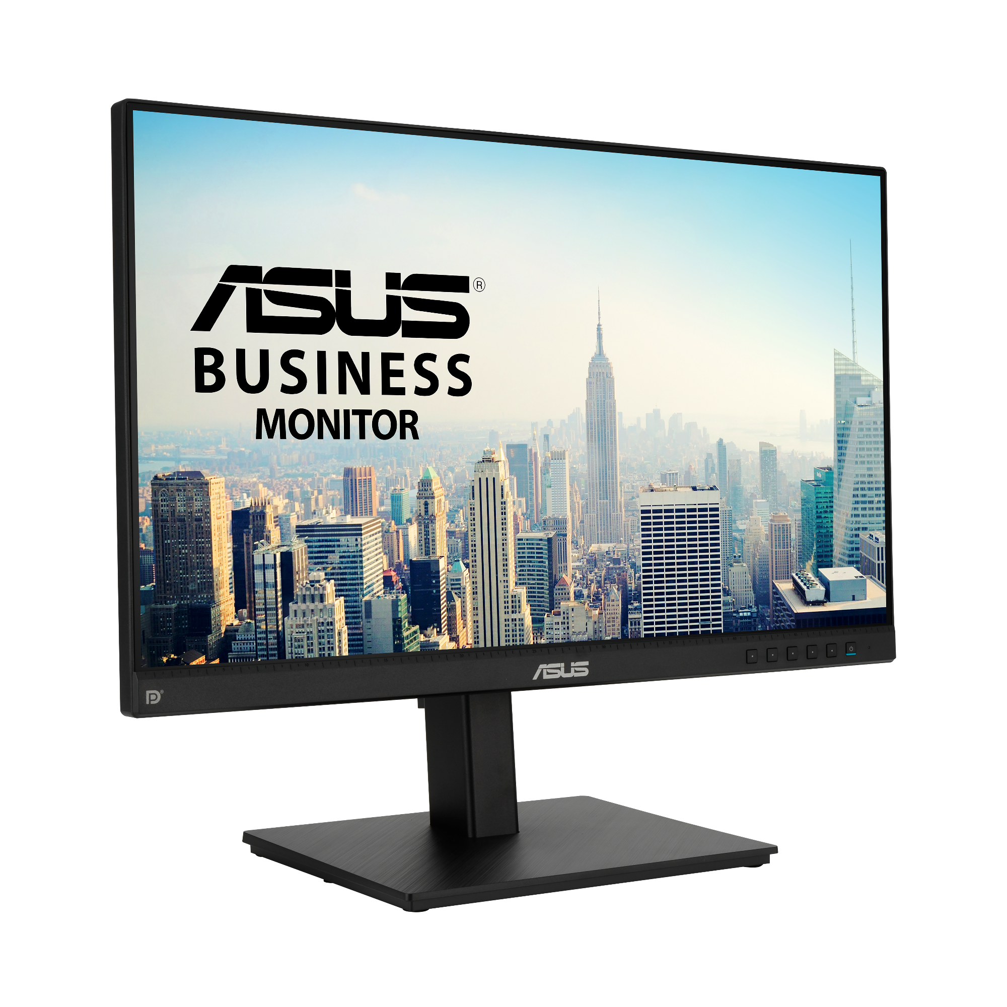 Monitor ASUS Business wyświetla krajobraz miejski. Ekran pokazuje budynki pod błękitnym niebem. Czarna ramka i podstawa monitora.