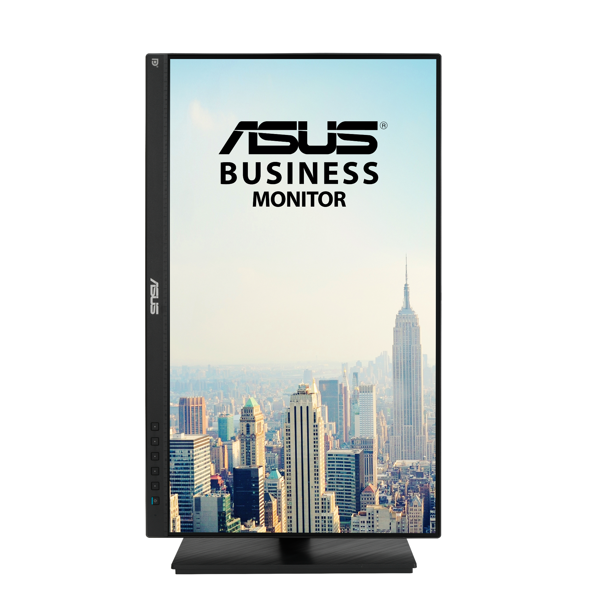 Monitor ASUS Business wyświetla logo ASUS i słowa Business Monitor, z panoramą miasta w tle.