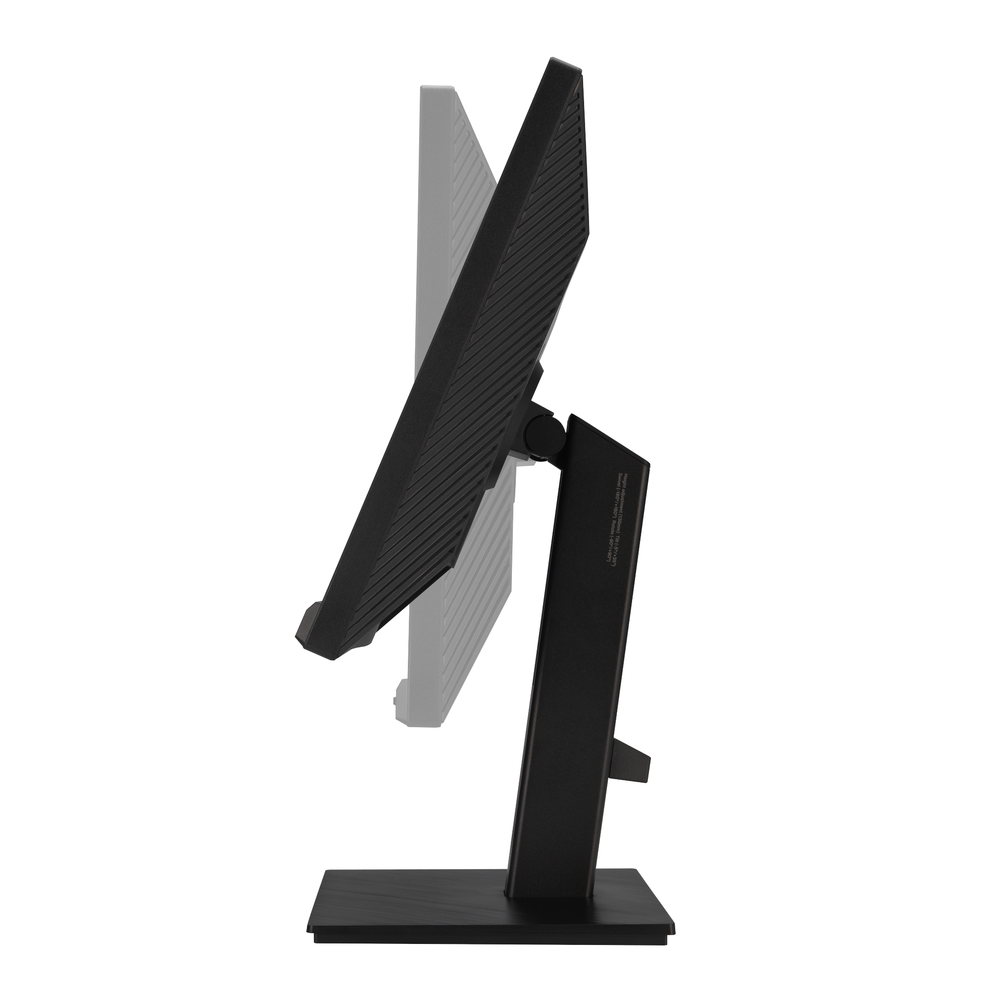 Czarny monitor komputera z podstawką jest ustawiony pod kątem. Tło jest czarne.