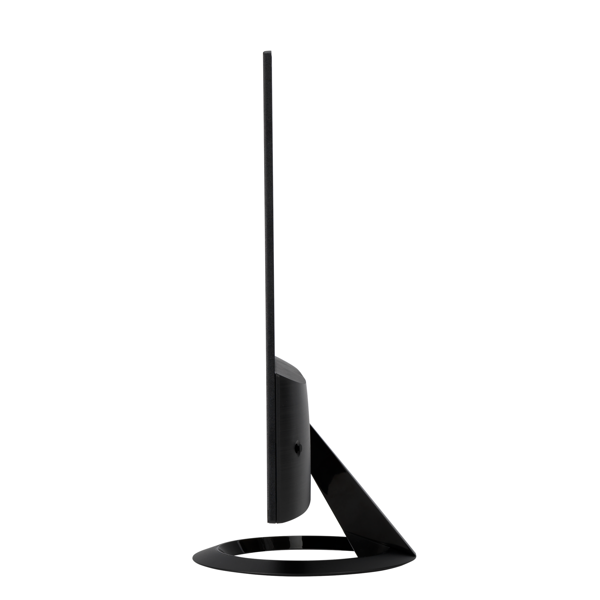 Widok z boku czarnego monitora komputerowego. Ekran jest cienki, a podstawa zaokrąglona i błyszcząca czarna. Tło jest czarne.