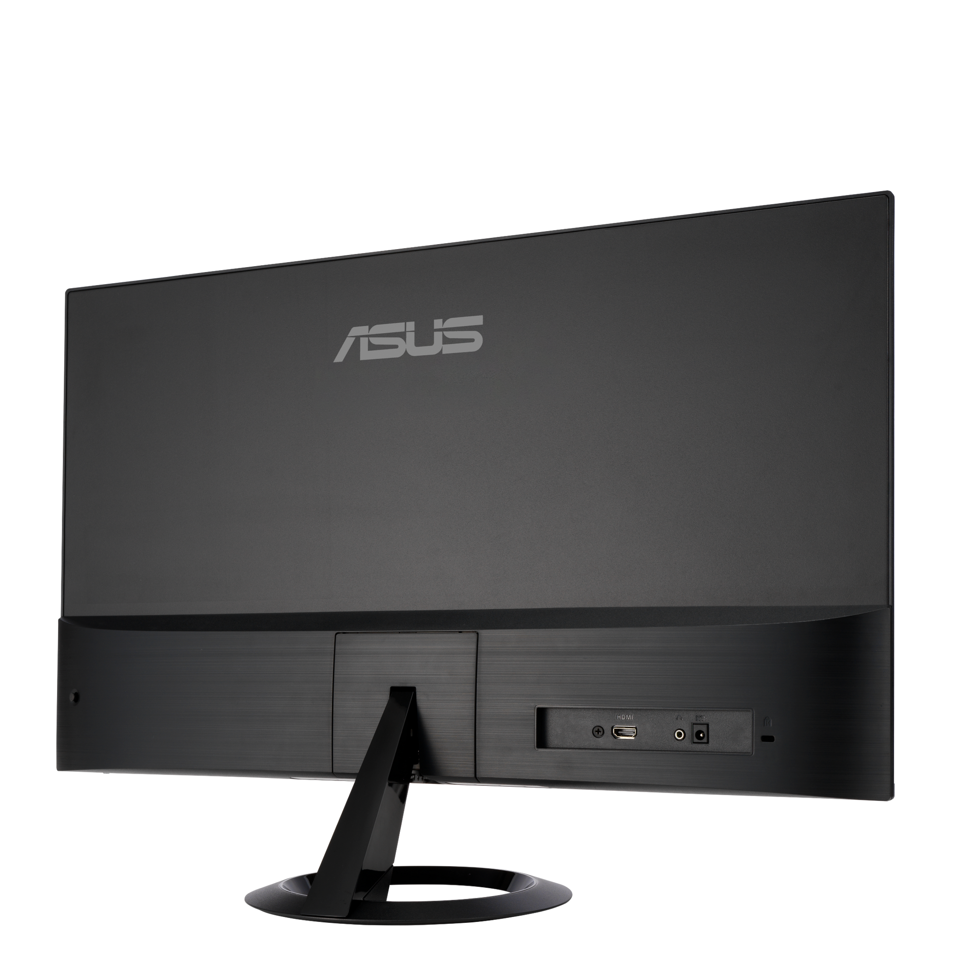 Widok z tyłu czarnego monitora ASUS. Widoczny jest stojak. Widoczne są porty HDMI i zasilania.