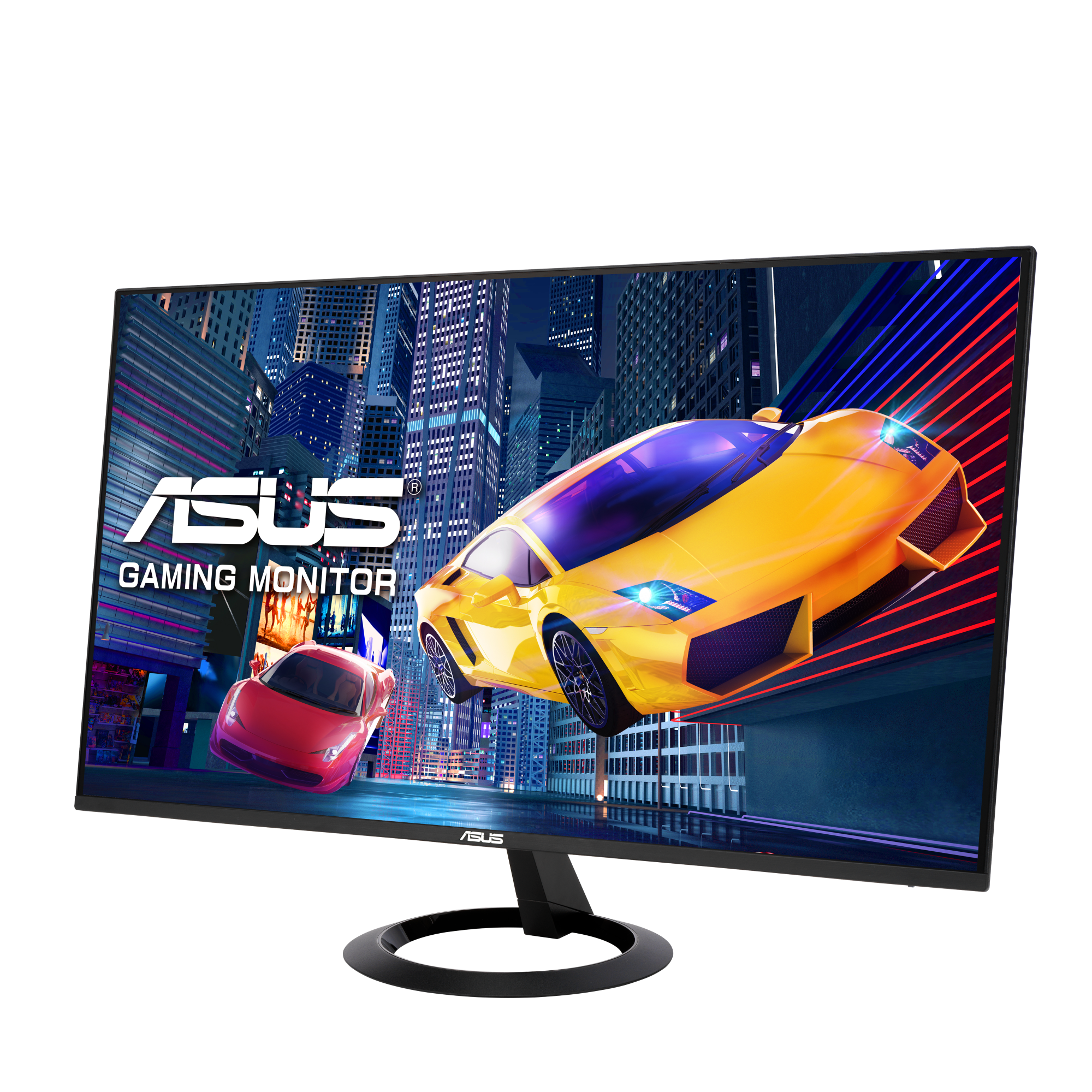 Monitor do gier ASUS wyświetla żółty samochód szybujący nad miastem, z czerwonym samochodem poniżej. Czarne tło.