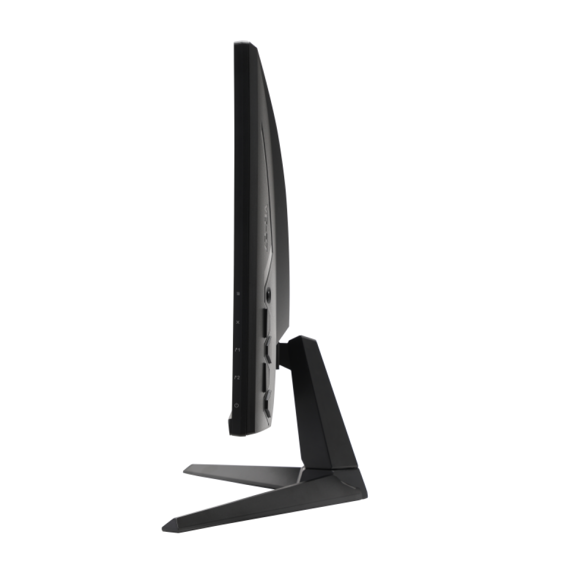 Vista laterale di un monitor del computer nero. Ha un supporto e diversi pulsanti sul lato. Lo sfondo è bianco.