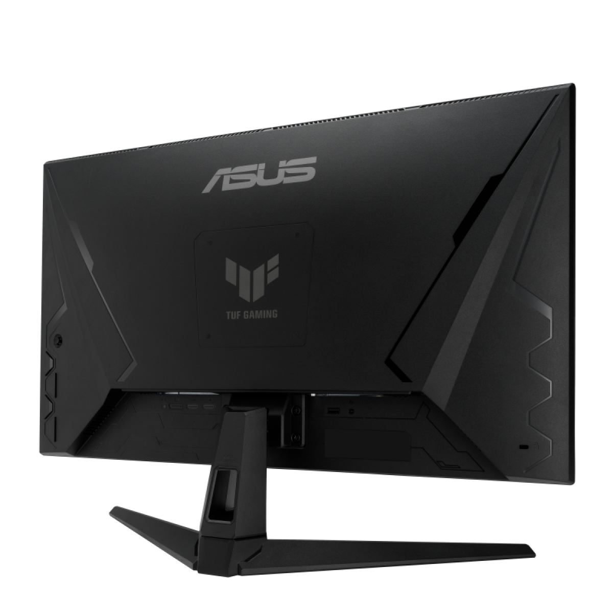 Vista posteriore di un monitor ASUS TUF Gaming nero. Sono visibili il logo ASUS e l'emblema TUF Gaming. Il supporto è nero e largo.