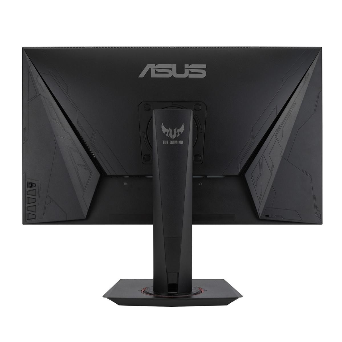 Widok z tyłu czarnego monitora ASUS TUF Gaming. Ekran ma podstawę, widoczne są logo ASUS i TUF.