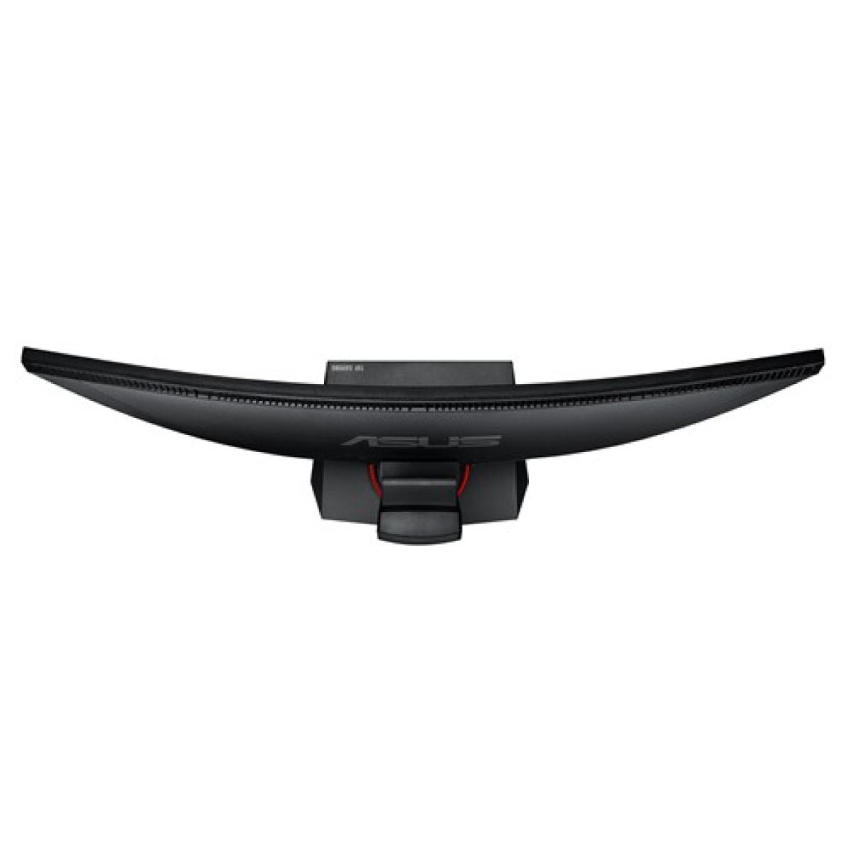 Un monitor de computadora negro curvo con la marca ASUS visible. El monitor está sobre un fondo blanco. El soporte también es negro.