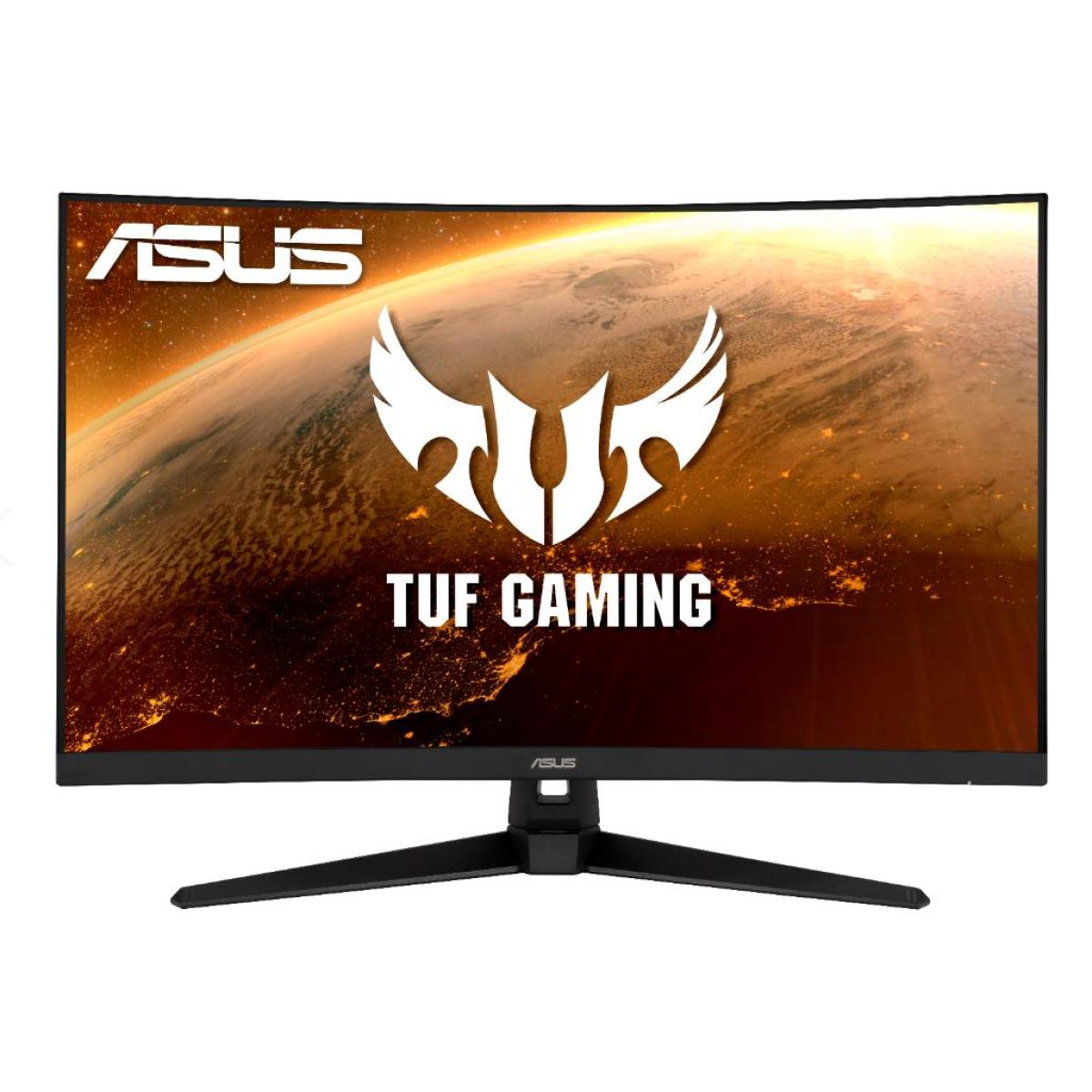 Zakrzywiony monitor do gier ASUS TUF. Ekran wyświetla płonącą, planetarną grafikę. Podstawa jest czarna, widoczne logo ASUS i TUF.