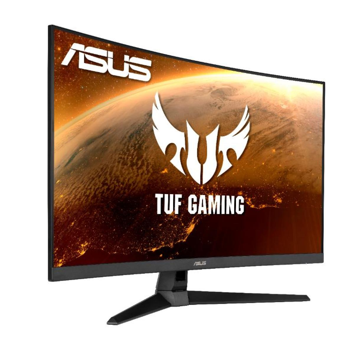 Zakrzywiony monitor ASUS TUF Gaming. Ekran wyświetla ogniste tło z logo TUF i marką ASUS.