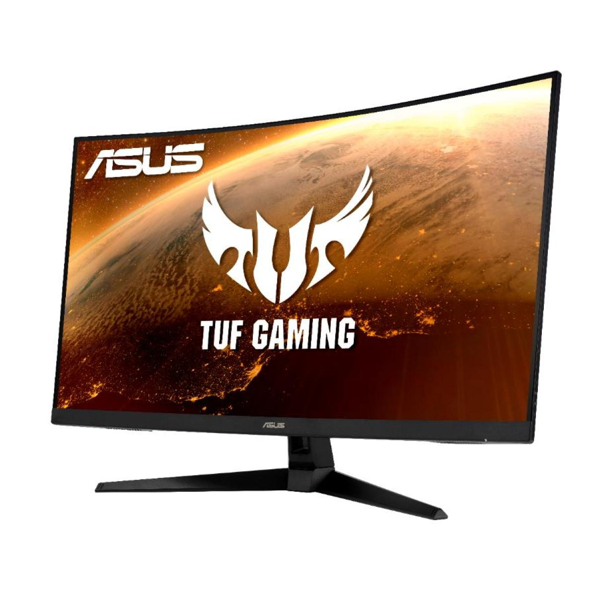 Zakrzywiony monitor ASUS TUF Gaming. Posiada logo ASUS, markę TUF Gaming i zakrzywiony ekran z obrazem kosmicznym.