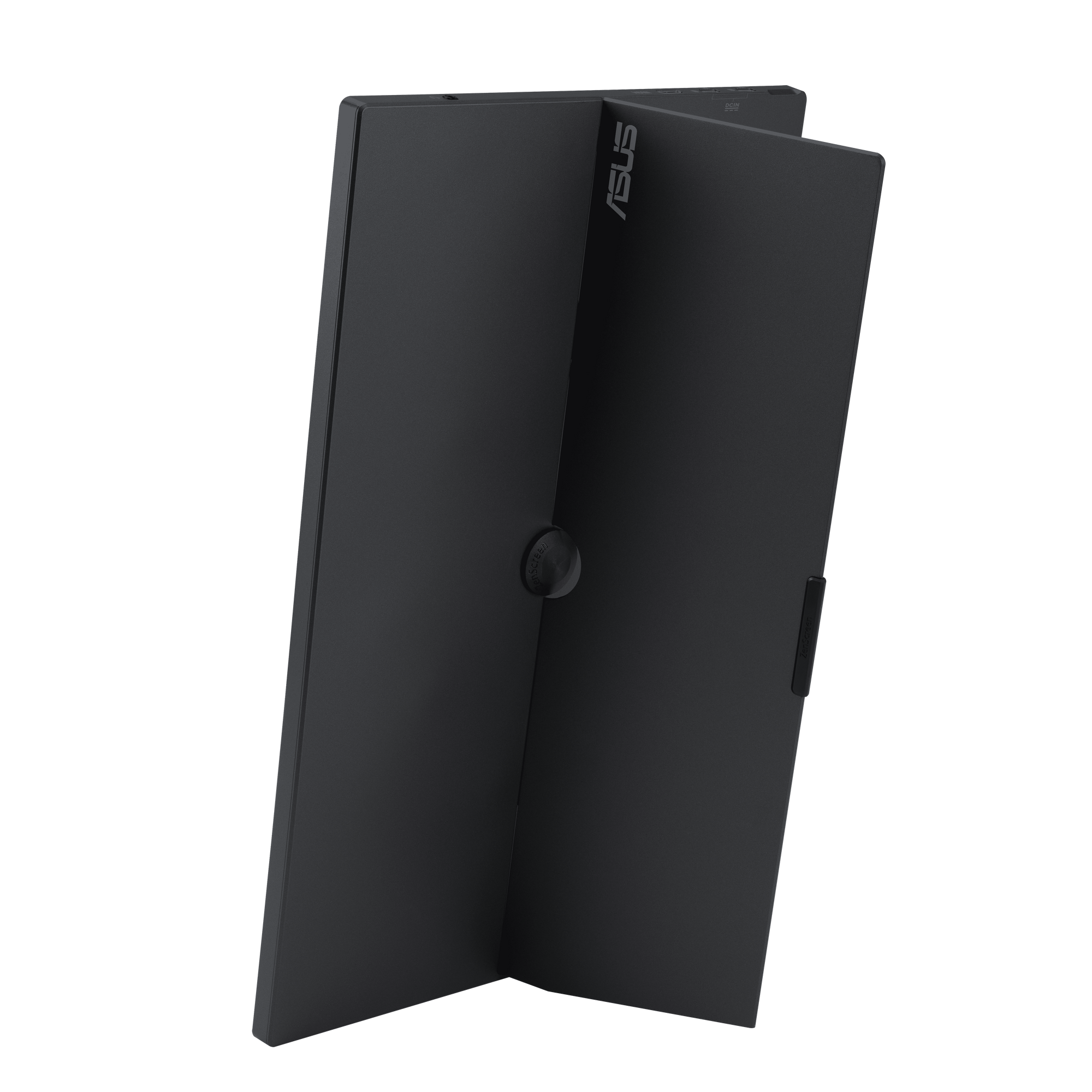 Częściowo otwarty czarny laptop z widocznym logo ASUS. Ekran jest pod kątem.