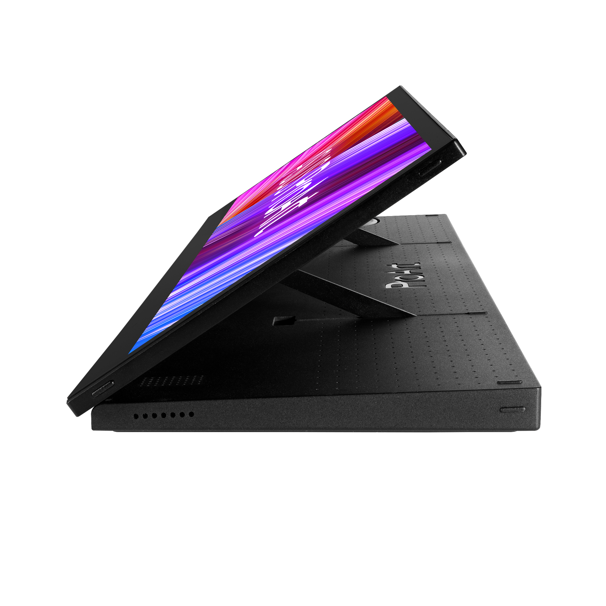 Czarny przenośny monitor jest otwarty, wyświetlając kolorowe smugi na czarnym tle. Podstawa również jest czarna.
