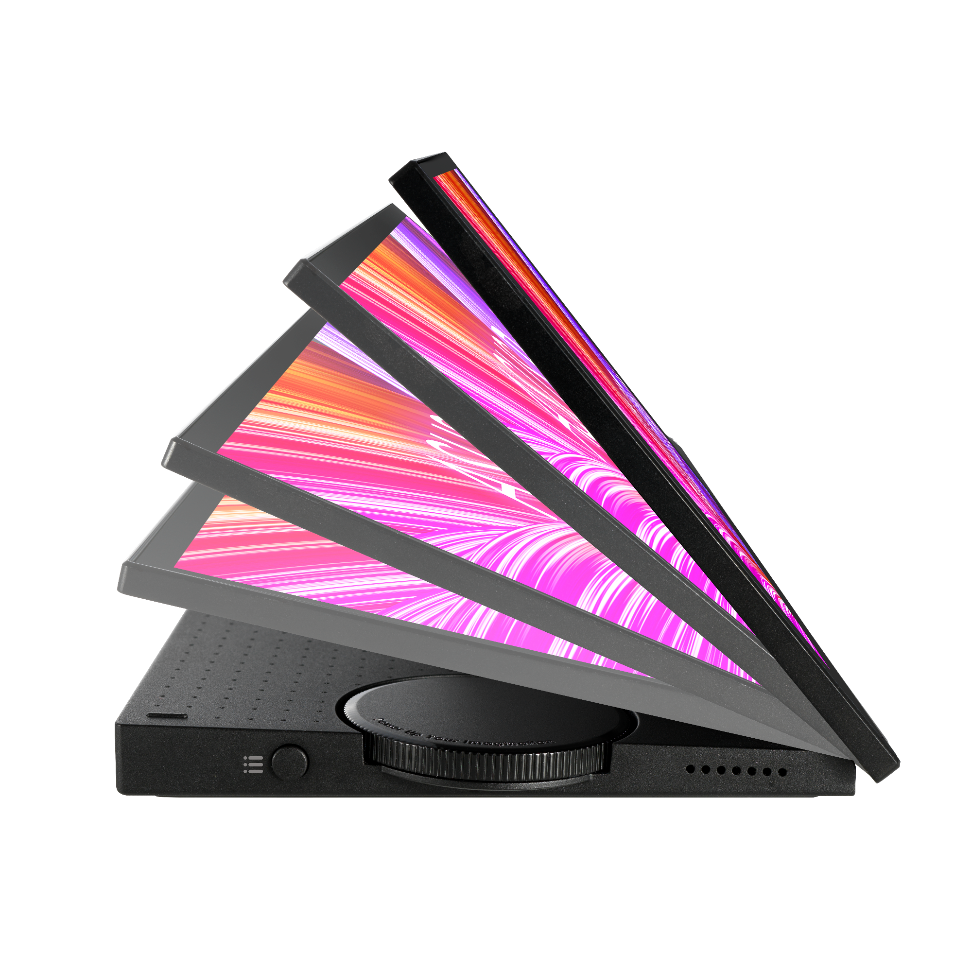 Urządzenie z wieloma ekranami wyświetlającymi różowe i pomarańczowe linie, na czarnym tle. Ekrany są pod kątem.