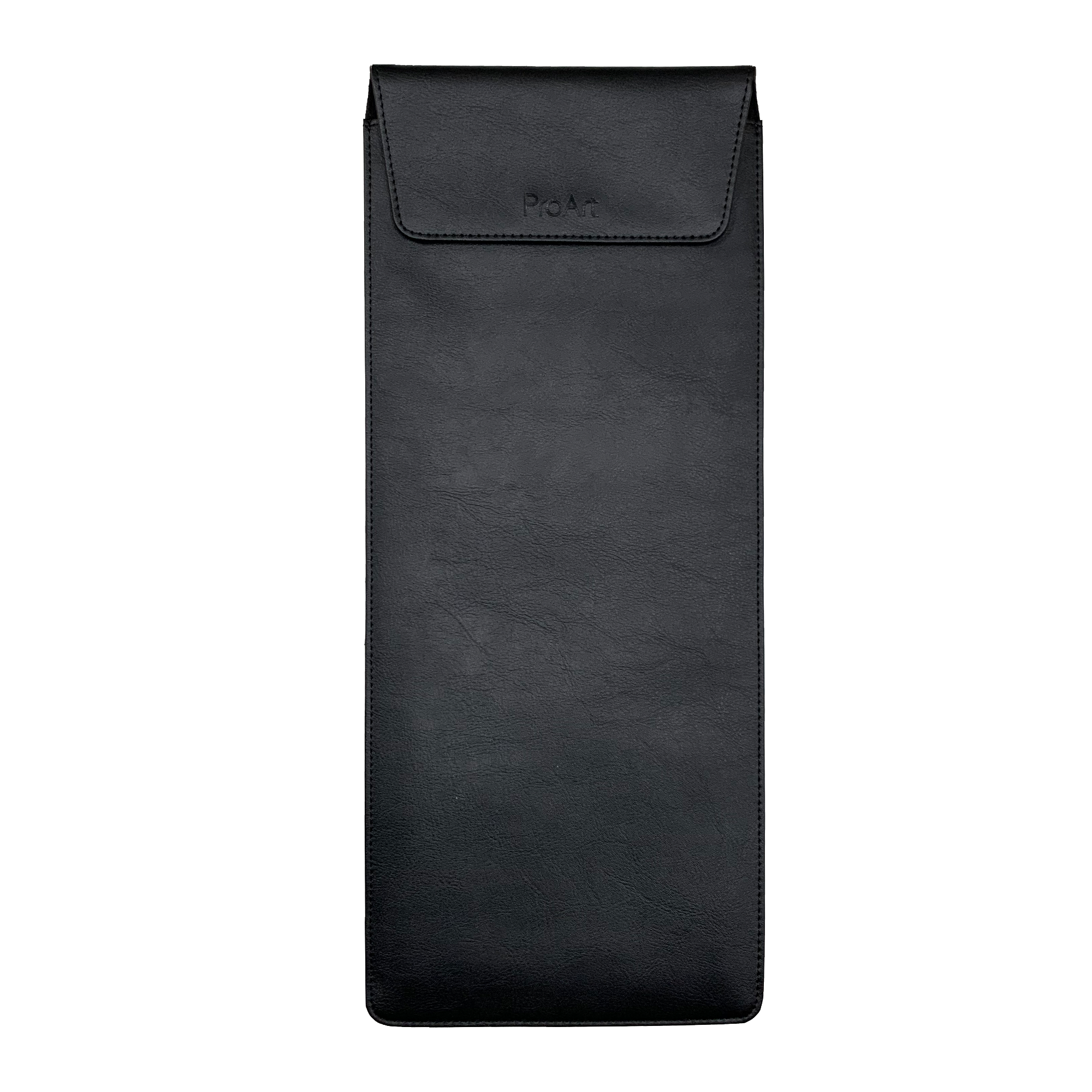 Czarny futerał na tablet ProArt na czarnym tle. Jest prostokątny z klapką.