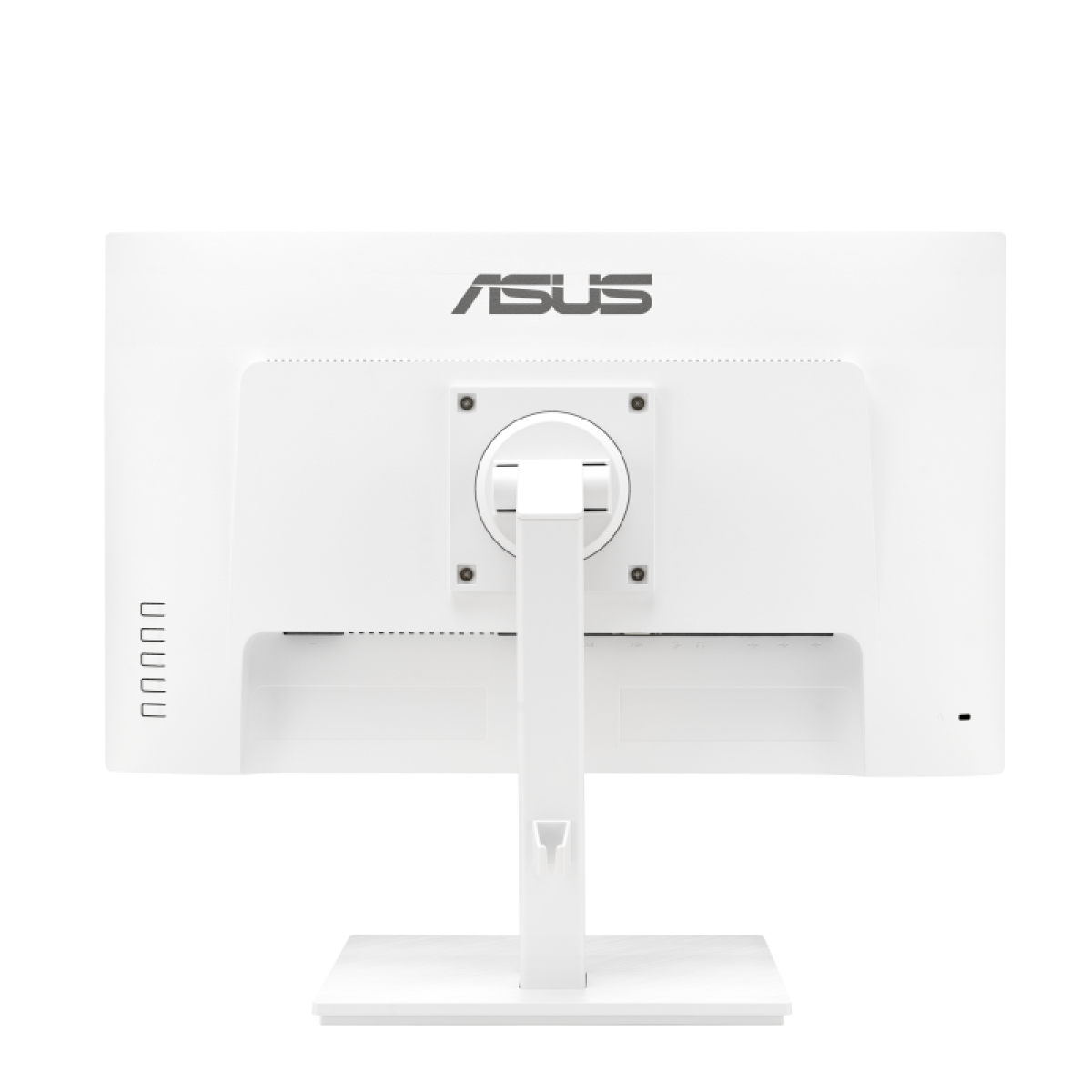 Tył białego monitora ASUS. Stojak jest biały. Logo ASUS znajduje się u góry. Kilka portów jest widocznych na dole.
