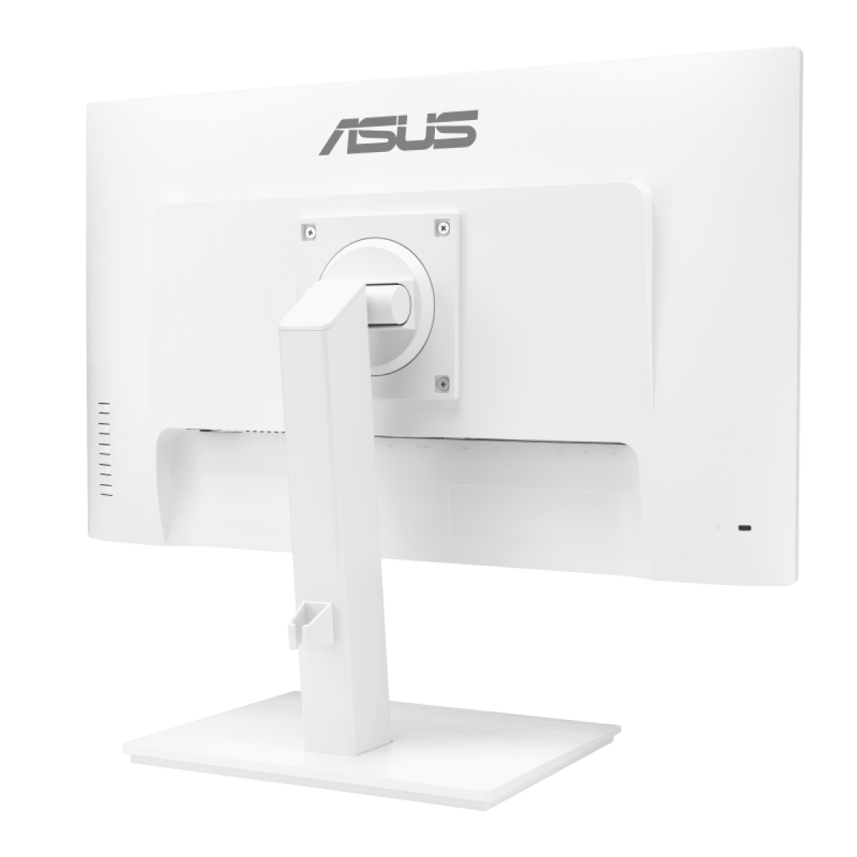 Widok z tyłu białego monitora ASUS, z podstawą, portami i logo. Czysty design z minimalistyczną estetyką na białym tle.