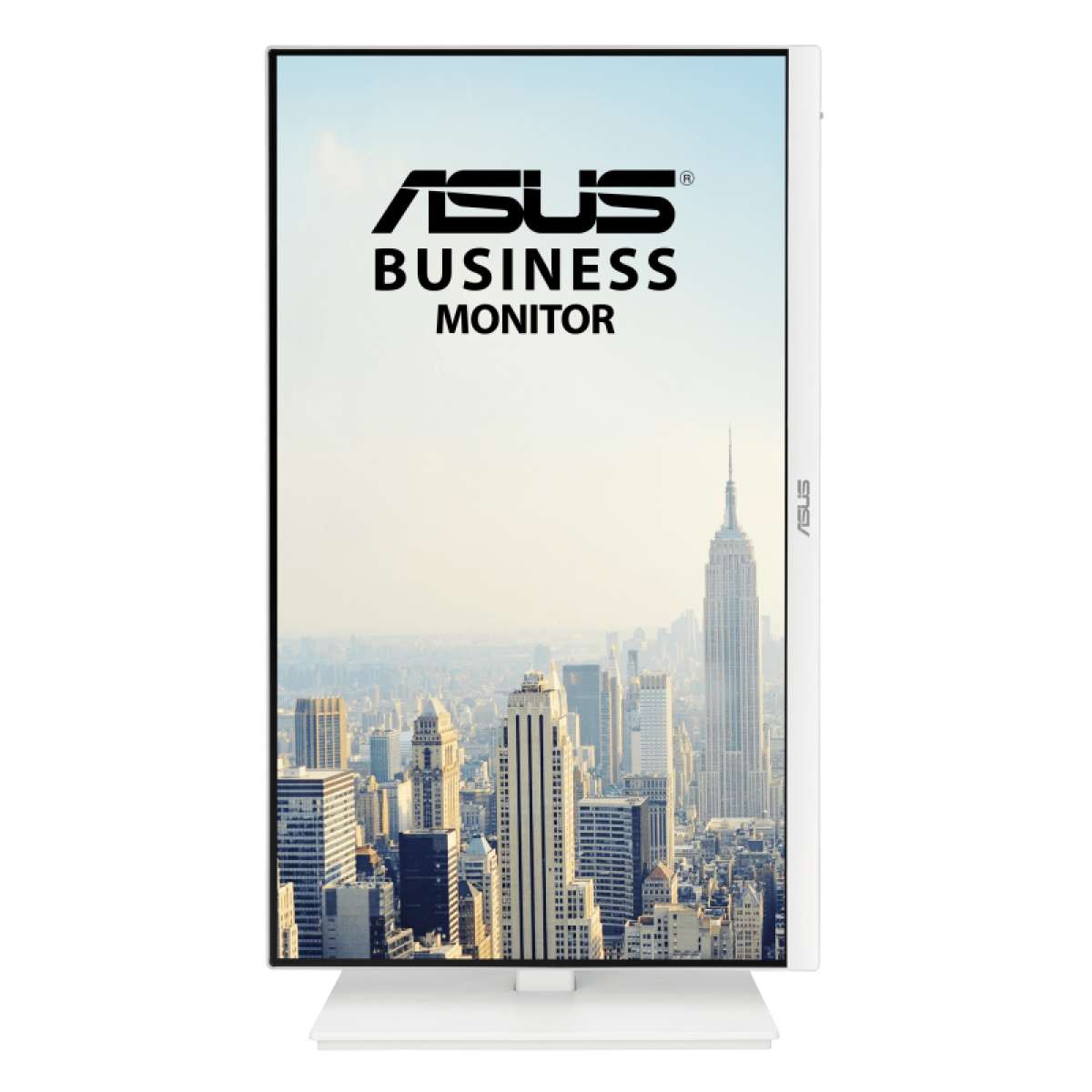 Monitor ASUS Business wyświetla krajobraz miejski, w tym Empire State Building. Monitor jest biały, z logo ASUS.