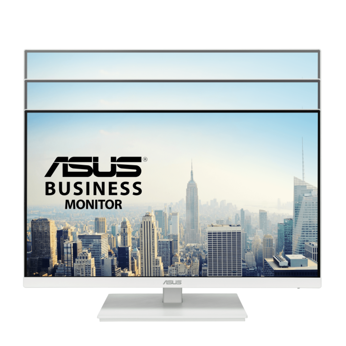 Monitor biznesowy ASUS wyświetlający krajobraz miejski. Ekran wyświetla logo ASUS i słowa BUSINESS MONITOR.