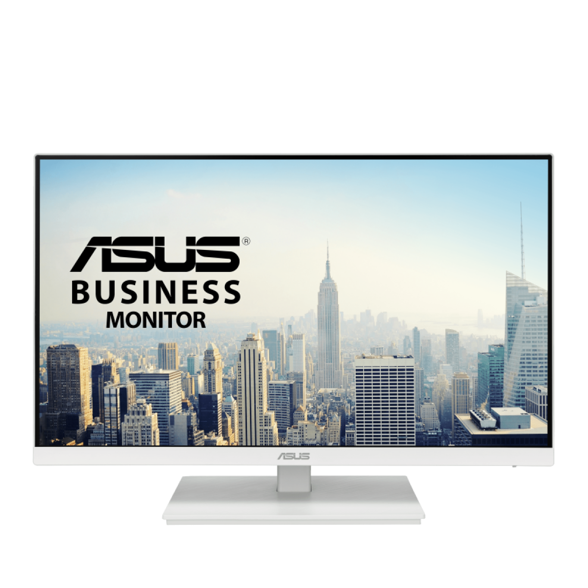 Biały monitor ASUS Business wyświetlający krajobraz miejski, w tym Empire State Building. Monitor ma białą podstawę i ramkę.