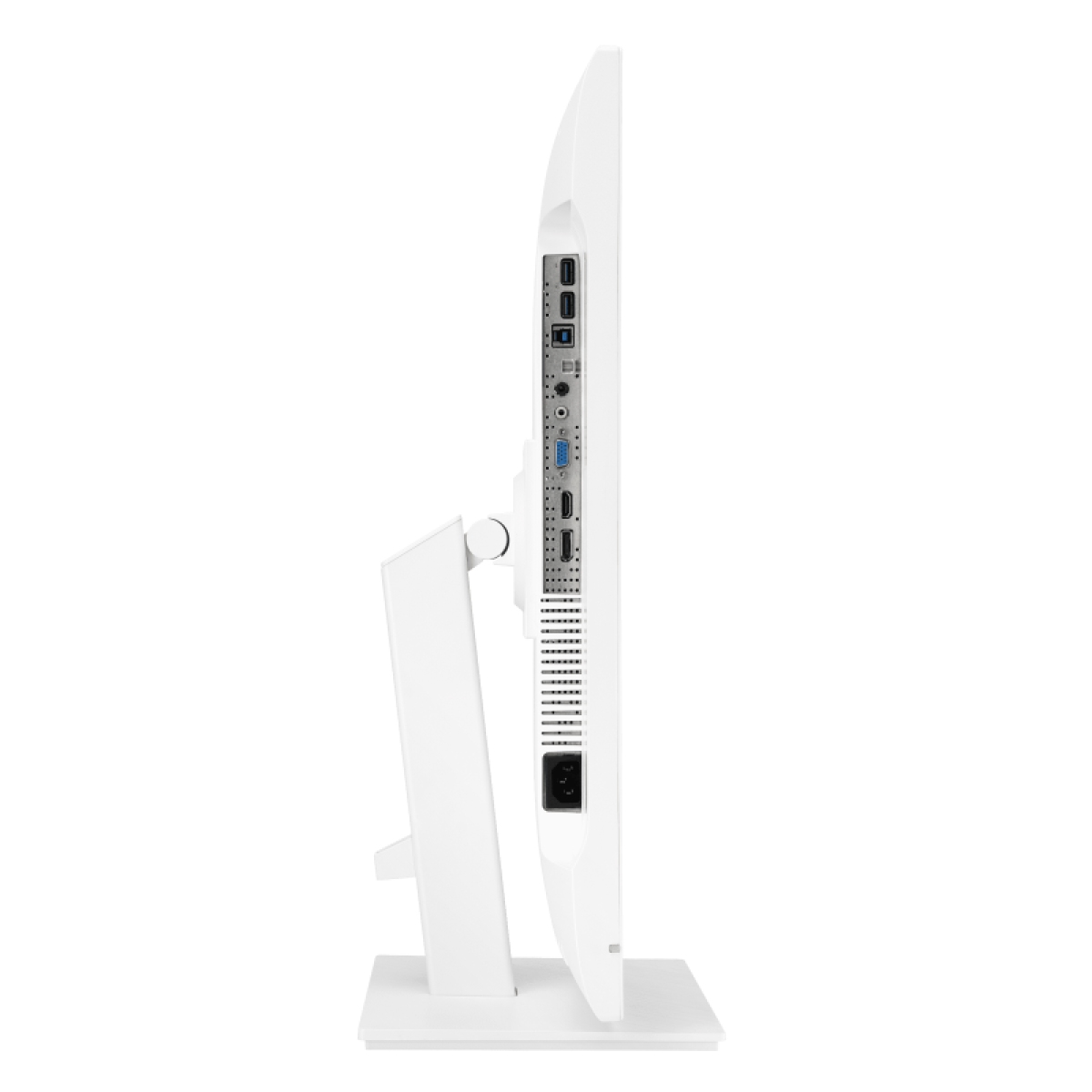 Widok z boku białego monitora komputera. Widoczne porty to USB, HDMI i VGA. Monitor stoi na białej podstawie.