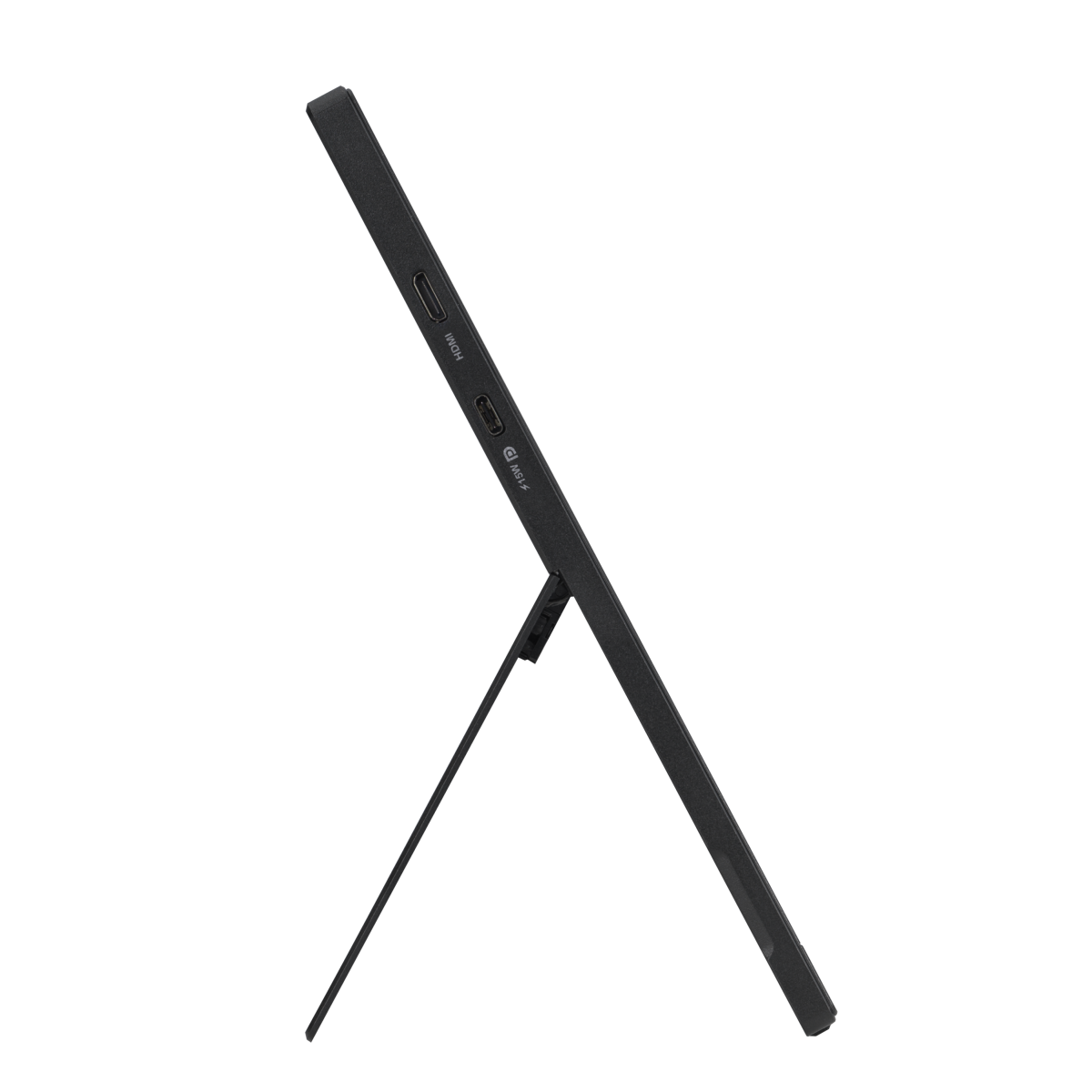 Czarny tablet jest podparty przez podstawkę. Widoczne są porty oznaczone jako HDMI i MUTE. Tło jest białe.