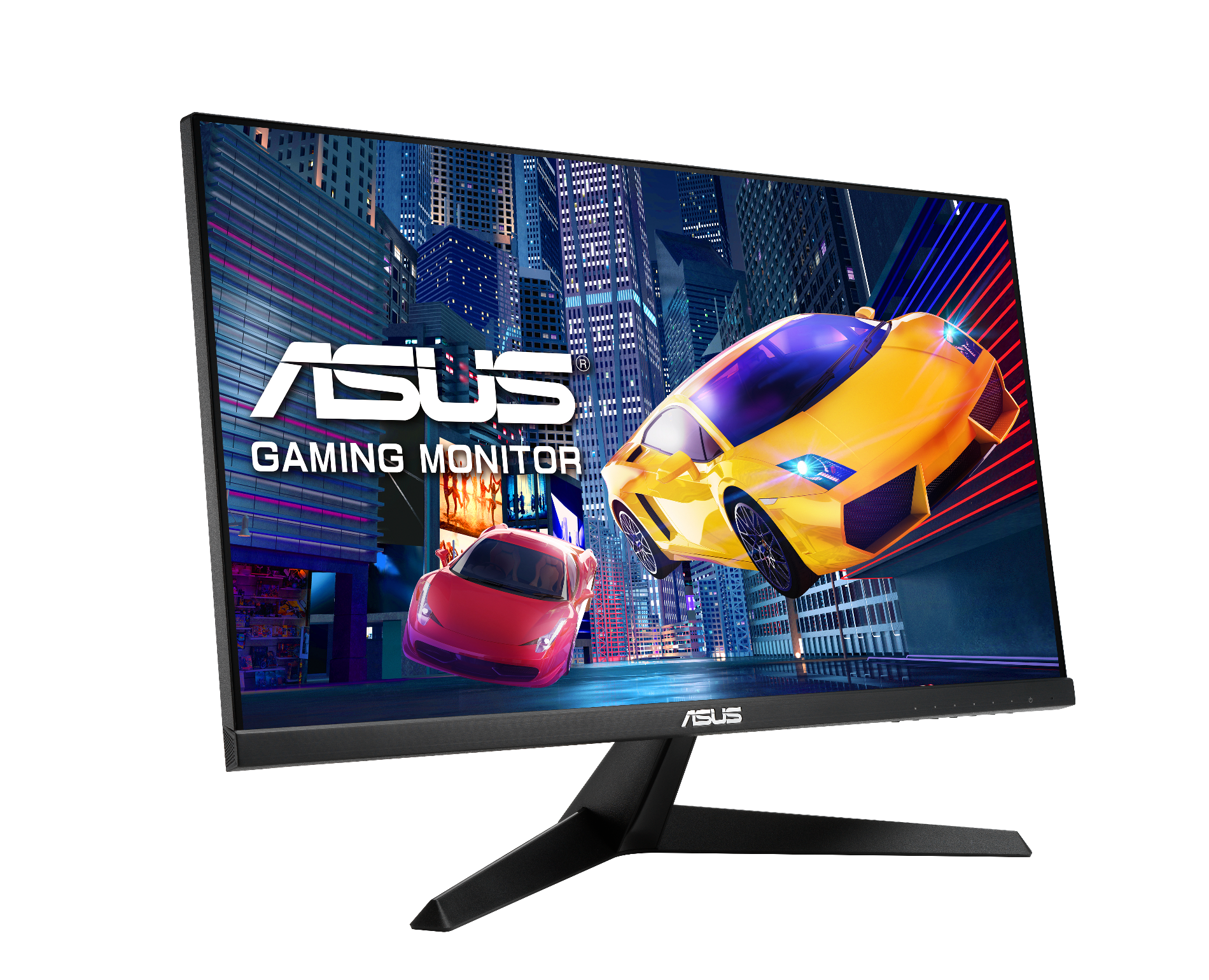 Monitor do gier ASUS wyświetla scenę miejską z żółtym i czerwonym samochodem sportowym.