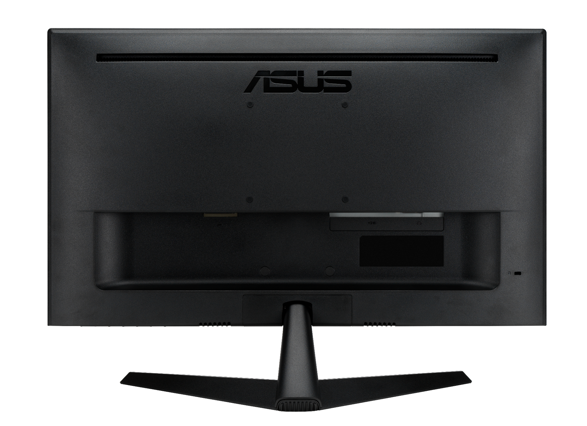 Tył czarnego monitora ASUS. Posiada porty, podstawę i logo. Na czarnym tle.