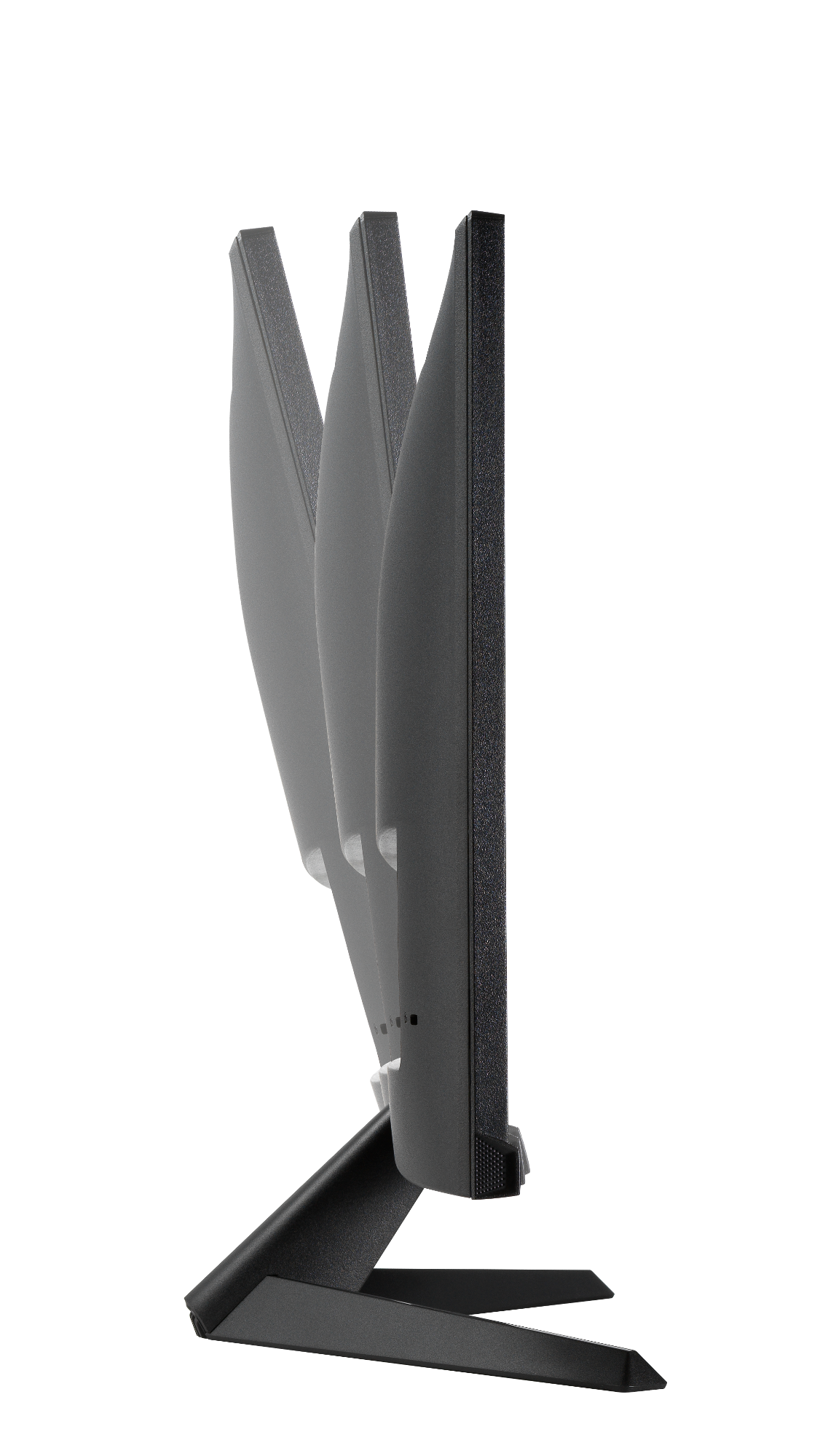 Widok z boku czarnego monitora komputera, pod kątem, na czarnym tle. Monitor stoi na stojaku.