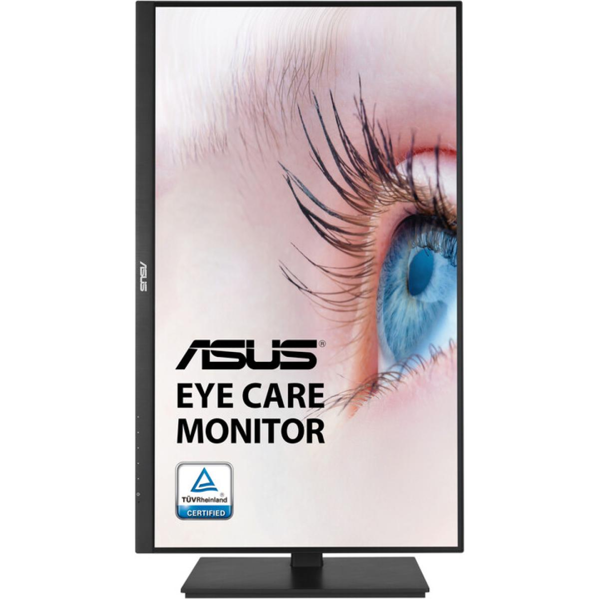 Een ASUS Eye Care Monitor. Het scherm toont een close-up van een menselijk oog. De monitor heeft een zwarte rand en standaard.
