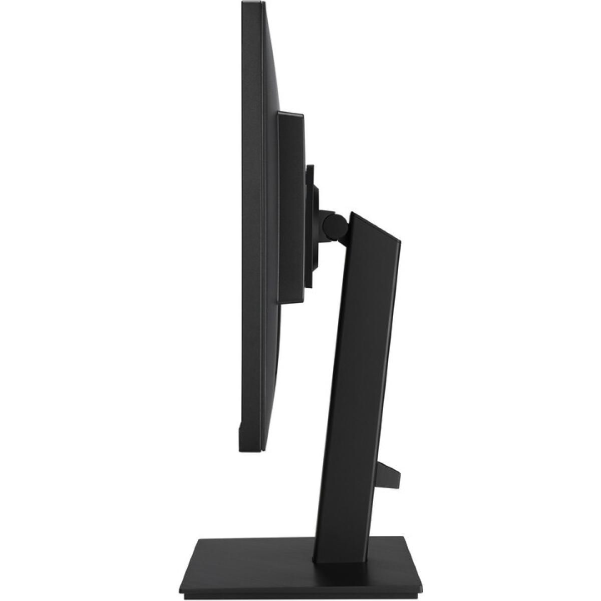 Zijaanzicht van een zwarte computermonitor. Hij is gemonteerd op een zwarte standaard en voet. De achtergrond is wit.