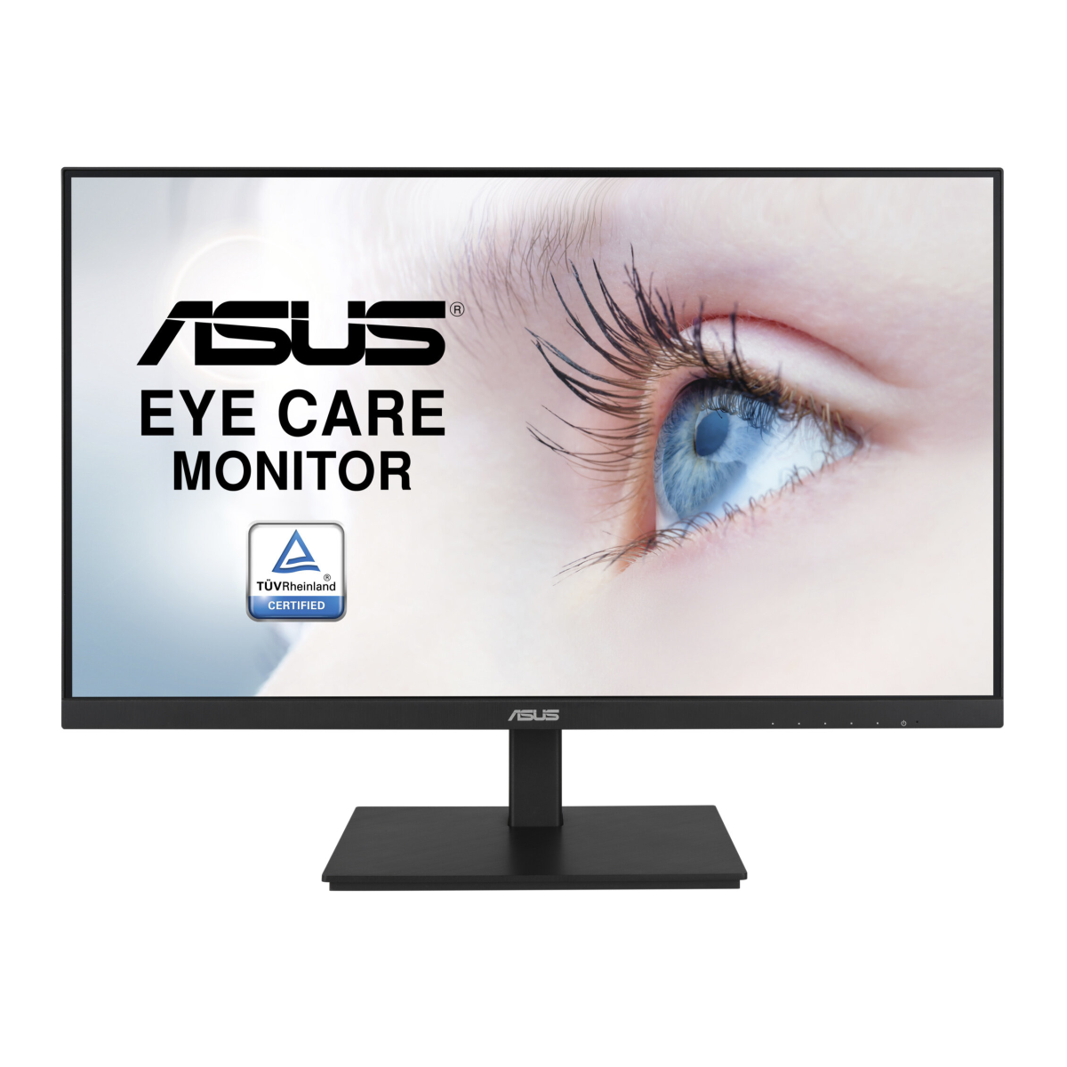 Een ASUS Eye Care Monitor. Het scherm toont een close-up van een blauw oog. De monitor heeft een zwart frame en voet. Het logo is zichtbaar.