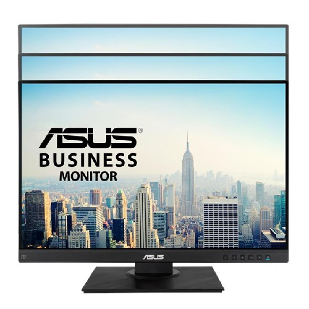 Le moniteur professionnel ASUS affiche un paysage urbain. Des bâtiments, une tour et le logo ASUS sont visibles sur l'écran. Le moniteur est noir.