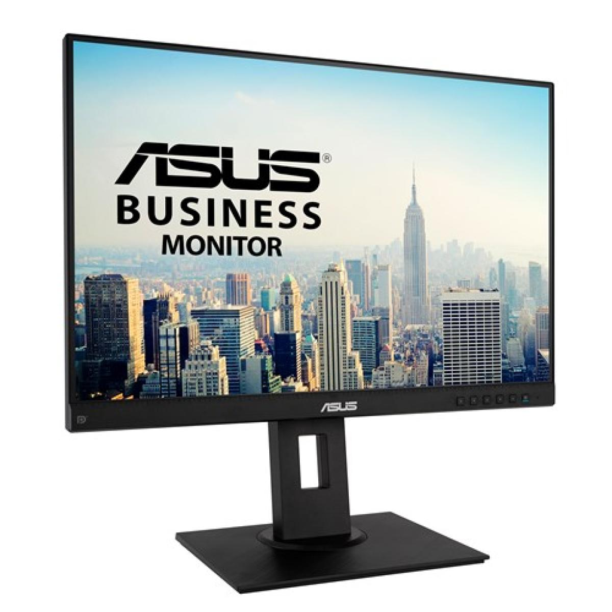 Un moniteur ASUS Business affichant un paysage urbain. Le moniteur est noir, avec la marque ASUS. La ville comprend des gratte-ciel sous un ciel bleu.