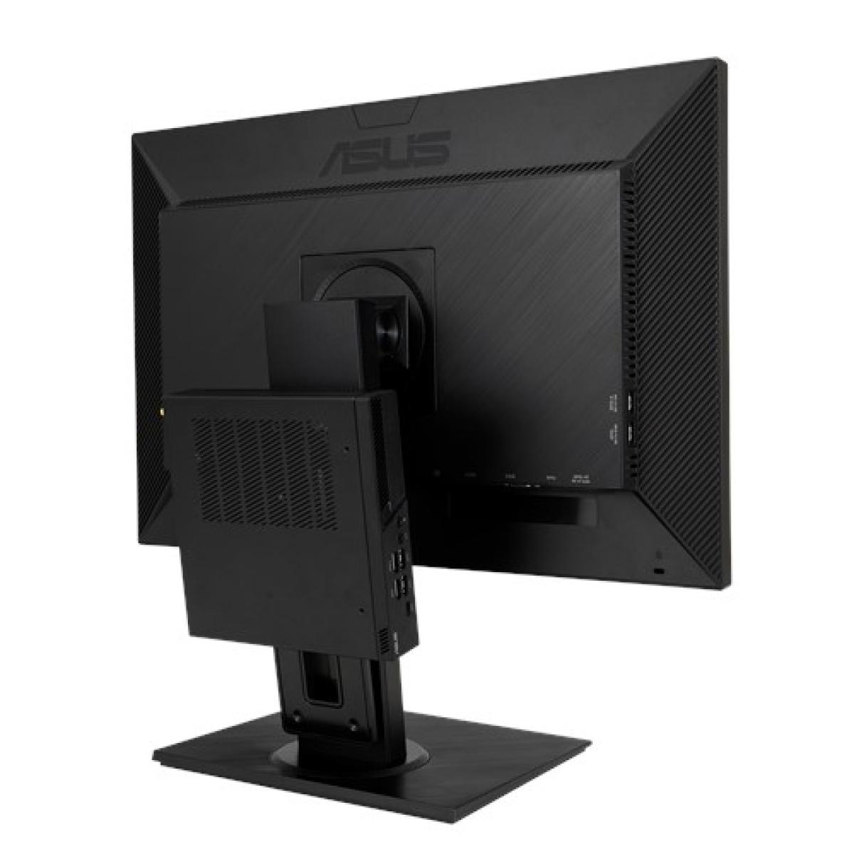 Arrière d'un moniteur ASUS avec un mini PC noir attaché. Le moniteur est noir, avec le logo ASUS. Le PC est également noir.