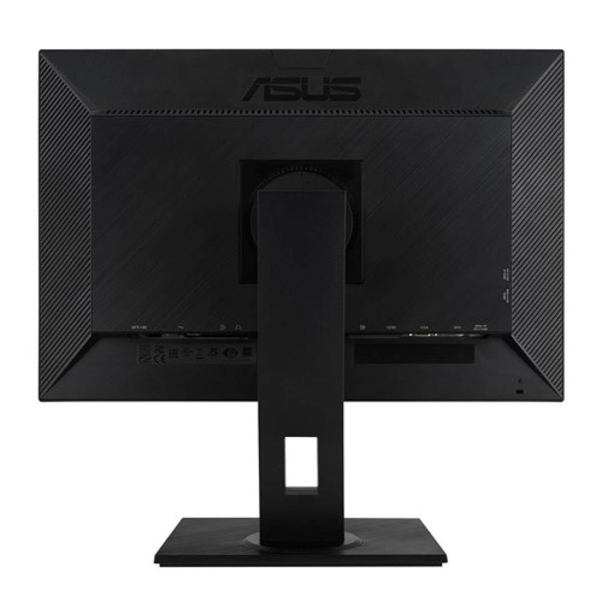 Vue arrière d'un moniteur ASUS noir. Il possède un support, différents ports et le logo ASUS en haut.