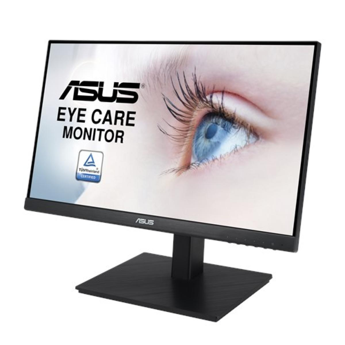 Monitor ASUS do pielęgnacji oczu. Ekran wyświetla zbliżenie oka. Monitor ma czarną podstawę i ramkę.