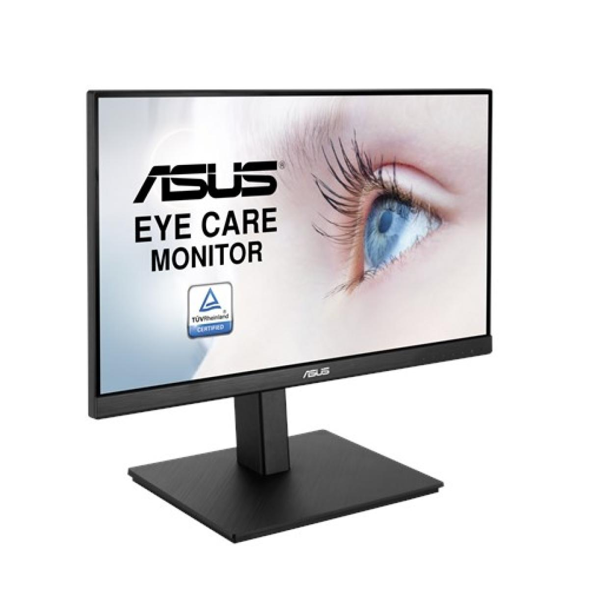 Monitor ASUS Eye Care. Ekran pokazuje oko i logo ASUS. Monitor jest czarny i stoi na czarnym stojaku.