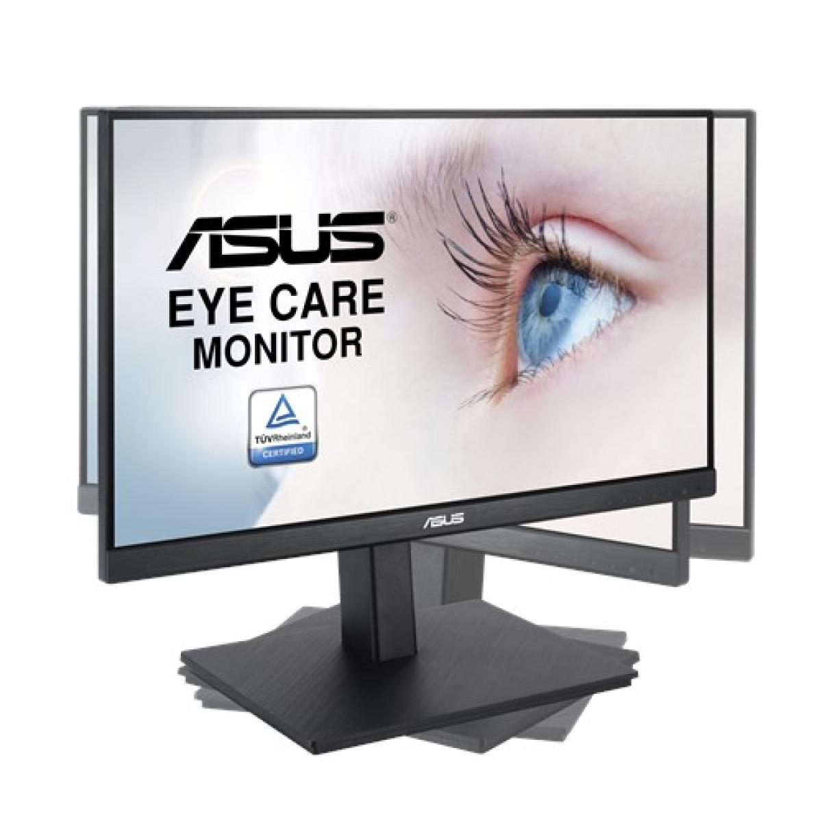 Monitor ASUS Eye Care. Ekran wyświetla oko z niebieską tęczówką. Monitor jest czarny z czarną podstawą na białym tle.