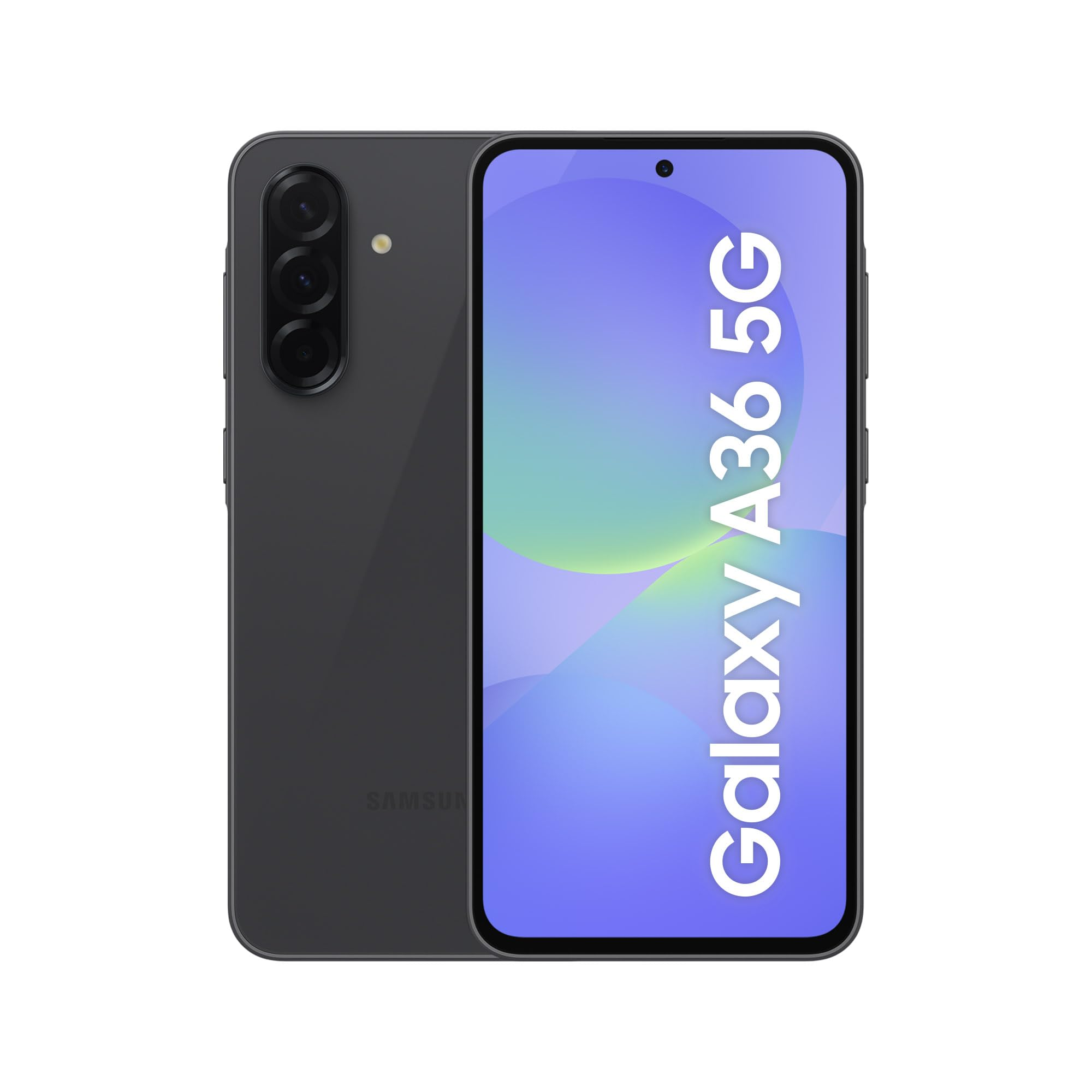 Ein dunkelgraues Samsung Galaxy A36 5G-Smartphone. Der Bildschirm zeigt den Namen des Telefons. Drei Kameras befinden sich auf der Rückseite.