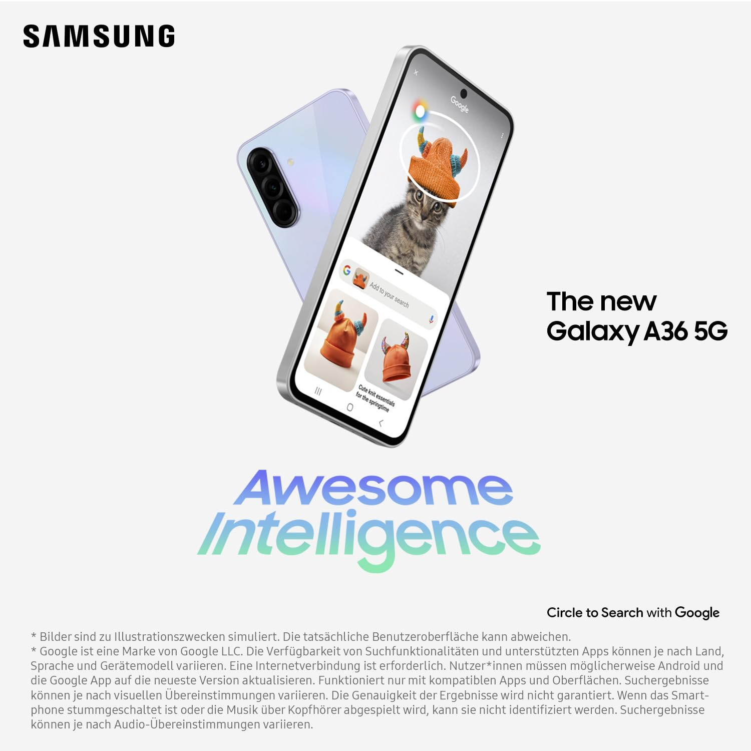 Samsung-Telefon zeigt Katze mit Hut, nutzt Google-Suche. Text: Galaxy A36 5G.
