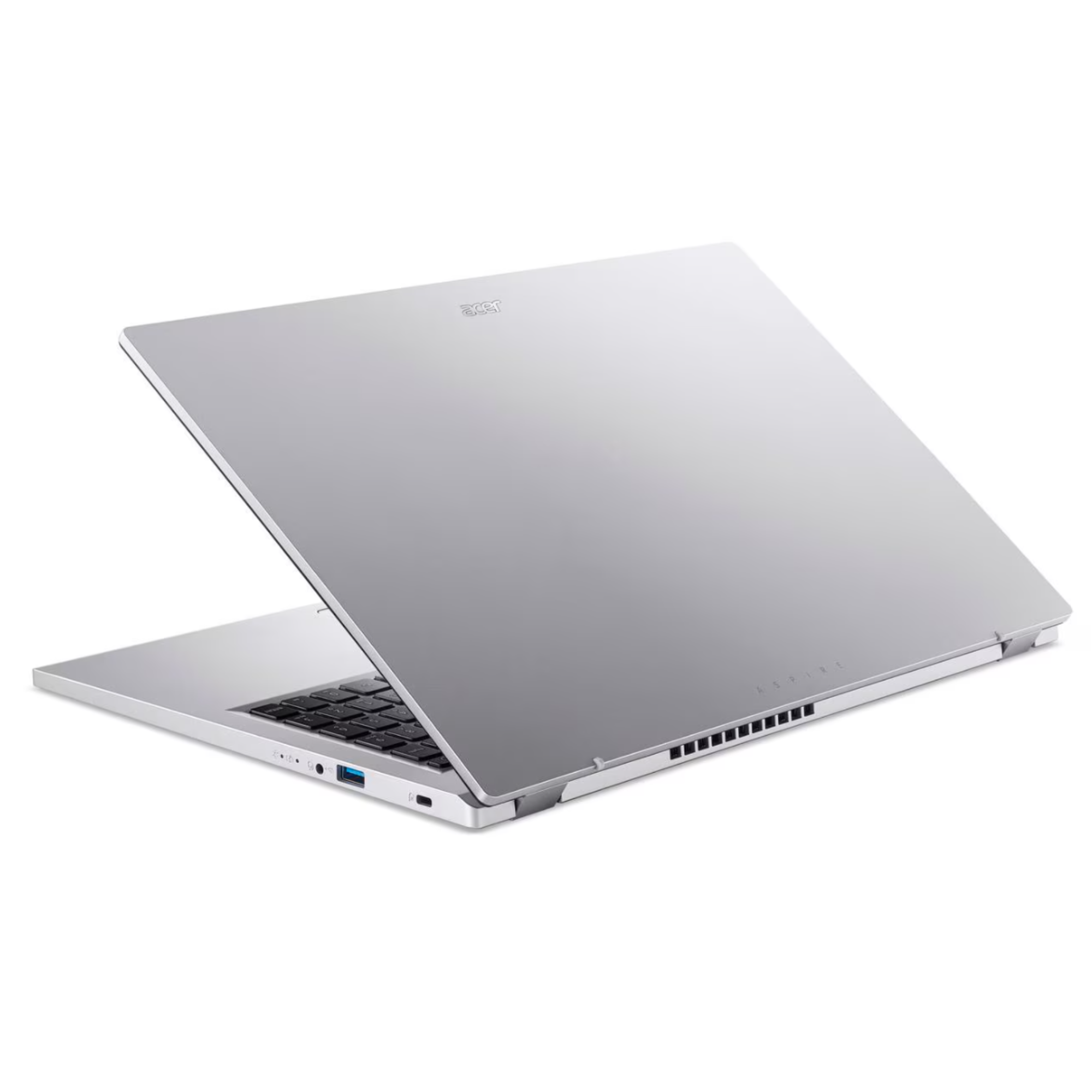 Silberner Acer Aspire Laptop, geöffnet. Tastatur sichtbar. Deckel angewinkelt, Acer-Logo auf dem Deckel. Weißer Hintergrund.