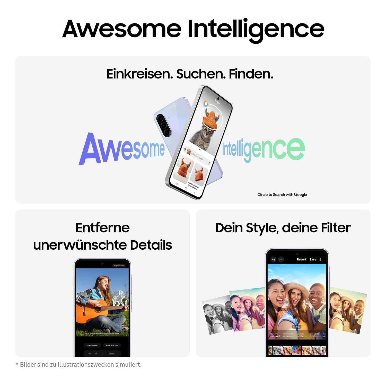 Eine Werbung zeigt die Funktionen des Telefons. Eine davon ist die Kreissuche mit Google. Eine andere entfernt unerwünschte Details. Eine dritte sind Fotofilter.