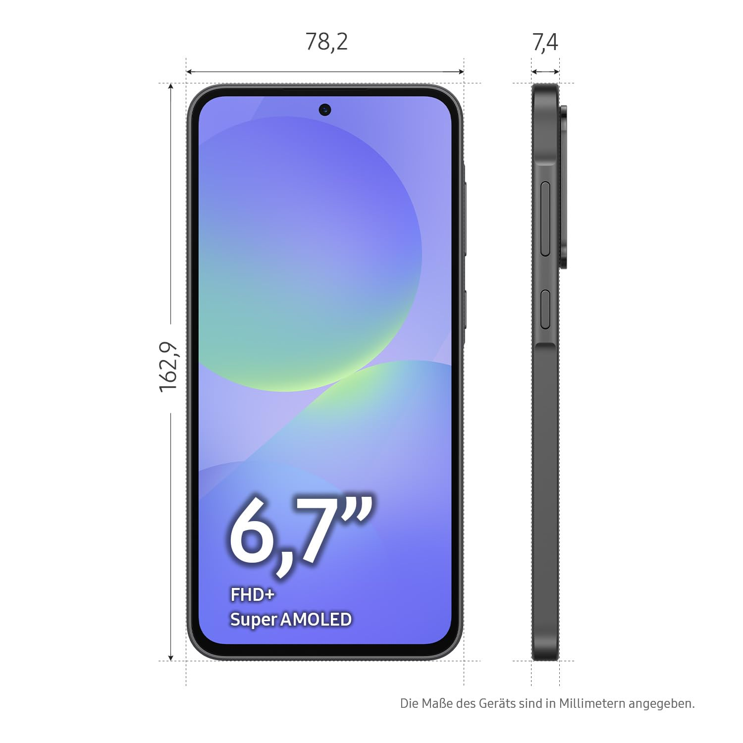 Smartphone mit 6,7-Zoll-Bildschirm, Abmessungen angezeigt. Es hat FHD+ und Super AMOLED-Display. Der Text unten lautet: Die Maße des Geräts sind in Millimetern angegeben.