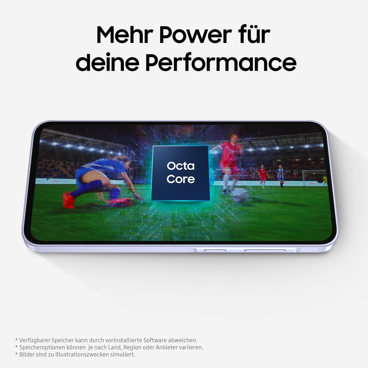 Ein Handy zeigt ein Fußballspiel. Spieler in Blau und Rot sind auf einem grünen Feld. Auf dem Bildschirm steht 'Octa Core'.