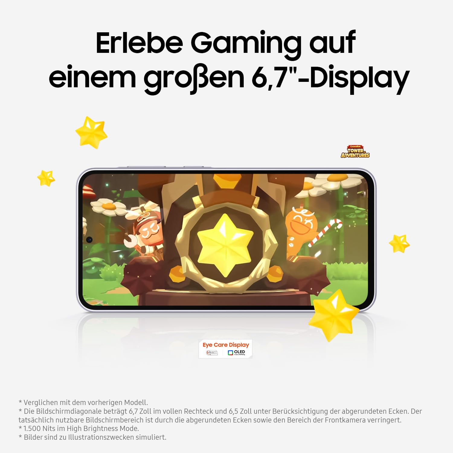Ein Smartphone zeigt eine Spielszene mit Cartoon-Charakteren. Gelbe Sterne und der Text 'Erlebe Gaming' sind oben.