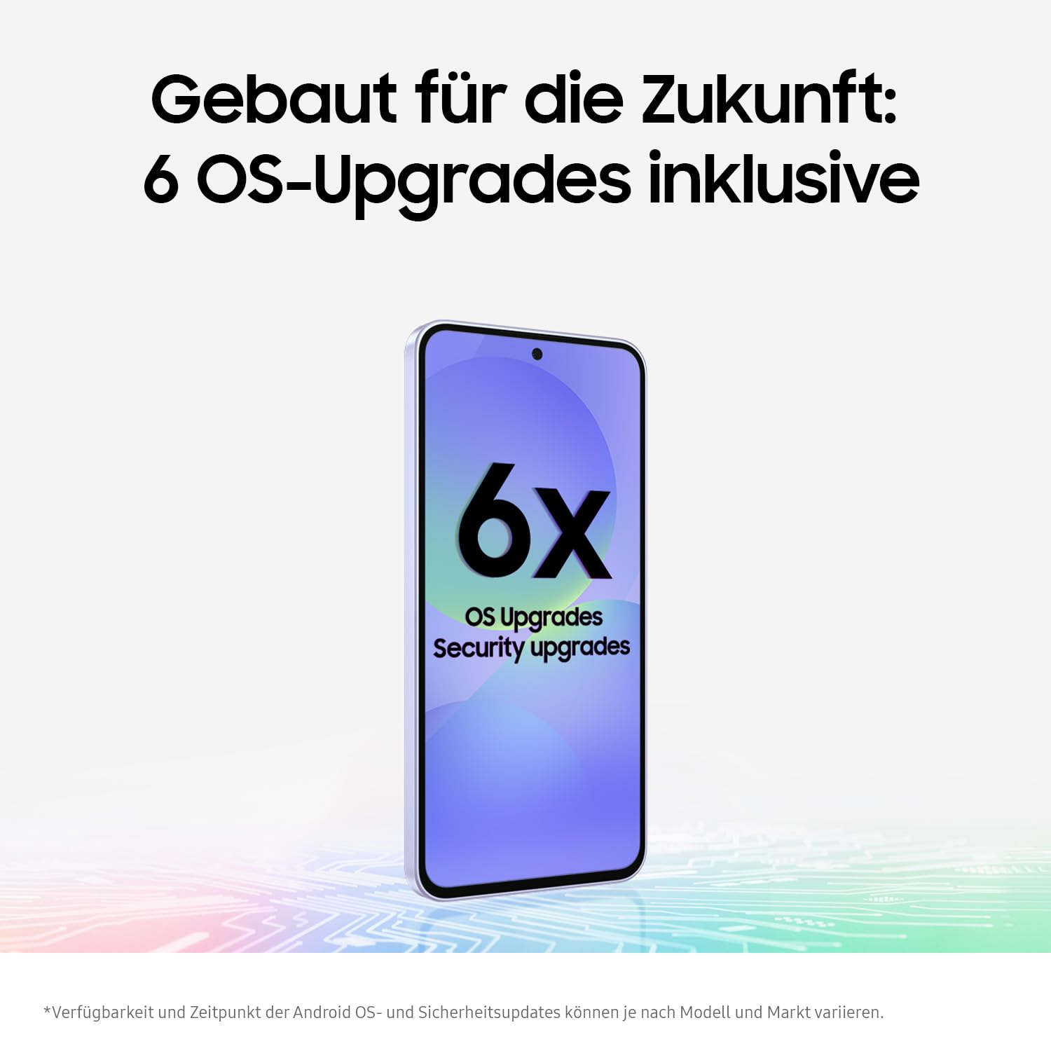Smartphone mit großem 6x-Display, das OS- und Sicherheits-Upgrades bewirbt. Text oben: Gebaut für die Zukunft.