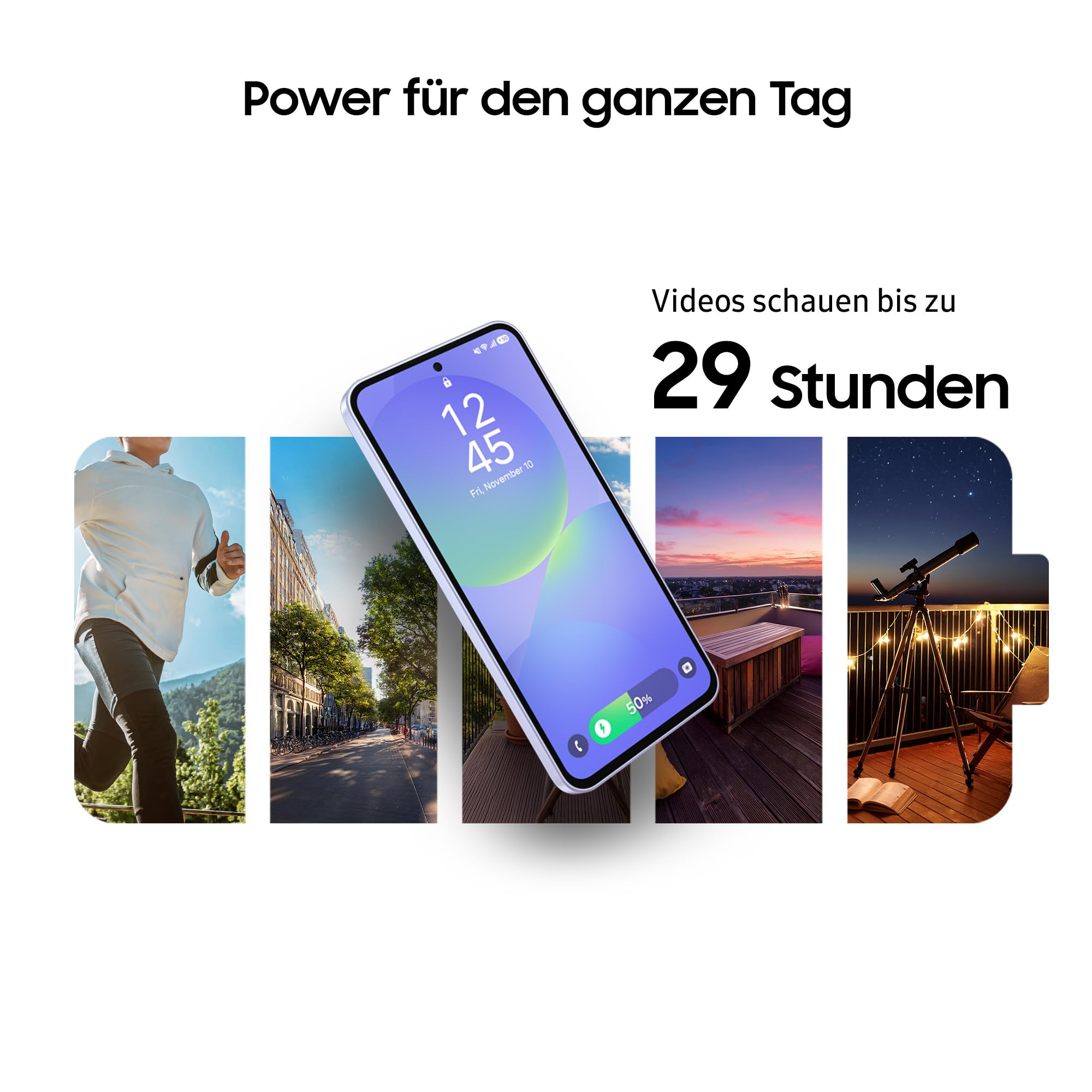 Bild mit Telefon, das Zeit anzeigt, Läufer, Stadt, Sonnenuntergang, Teleskop, Text Power für den ganzen Tag und Videos bis zu 29 Stunden.