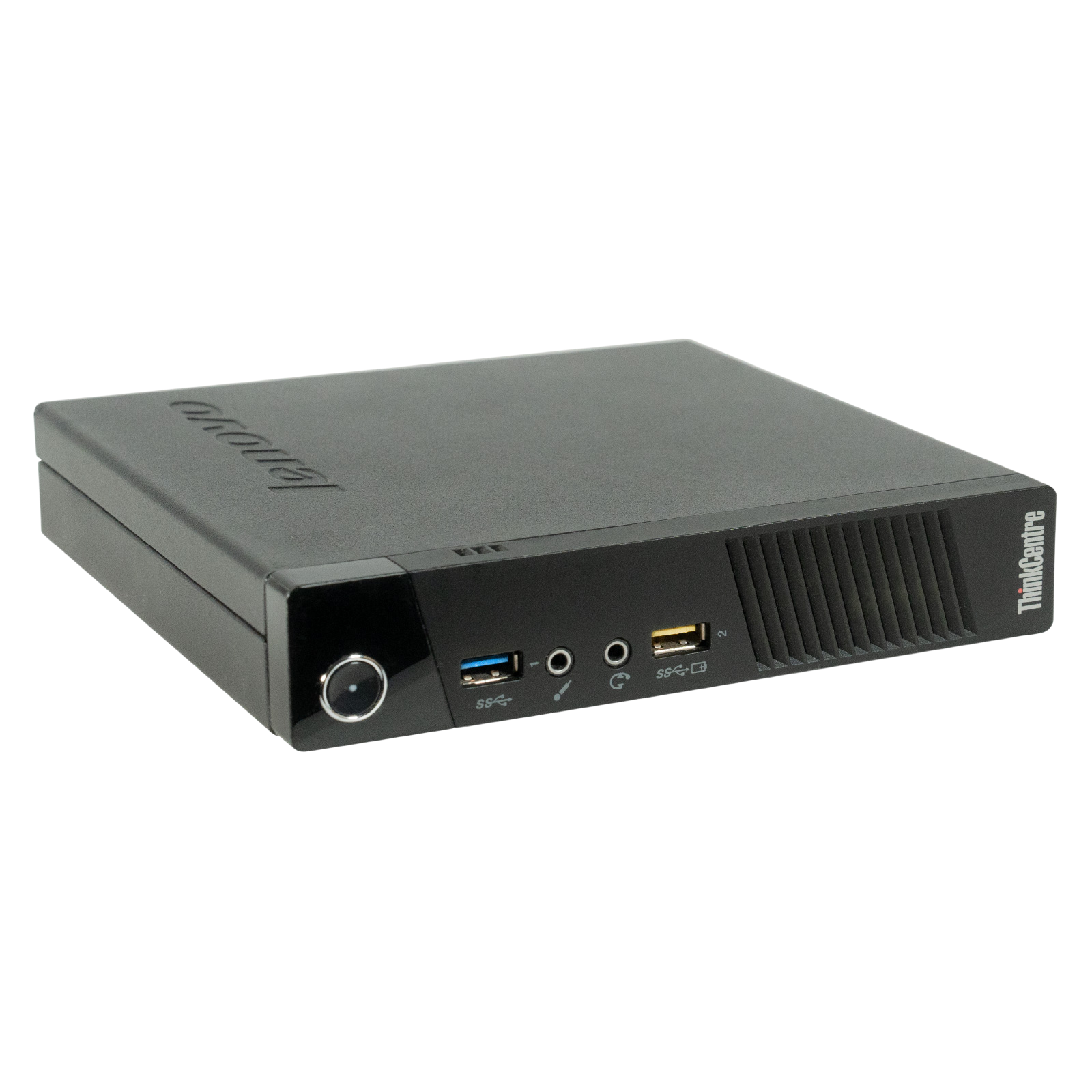 Ein kleiner schwarzer Lenovo ThinkCentre-Computer auf schwarzem Hintergrund. Es hat Anschlüsse und einen Power-Knopf.
